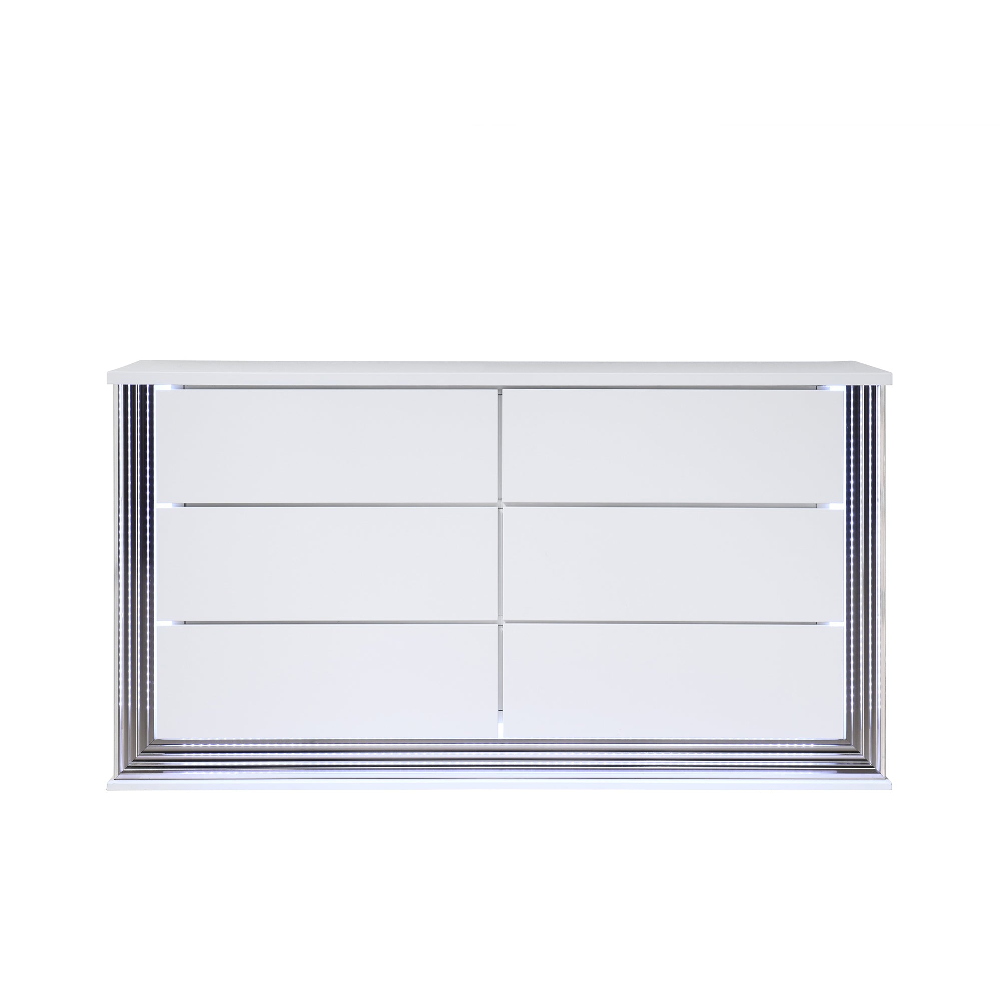 Moon Smooth White Dresser with LED Lighting in Solid Wood and MDF, 61 Inches