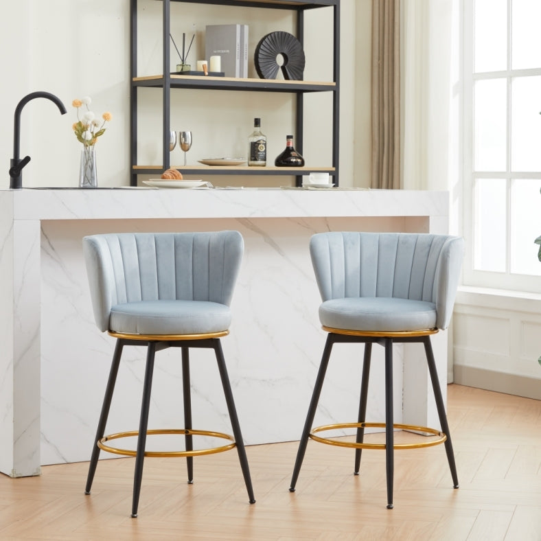 Counter Height Bar Stools Set of 2, 360° Swivel Upholstered Barstools with Backs and Metal Legs, 26' H Seat Height, Velvet Fabric,Goldy Footrest