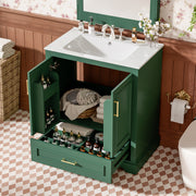 30' Bathroom Vanity with Sink, MDF and Solid Wood Frame, 1 Divider Drawer and 2 Soft-close Doors (Double Shelf on Door), Freestanding Vanity