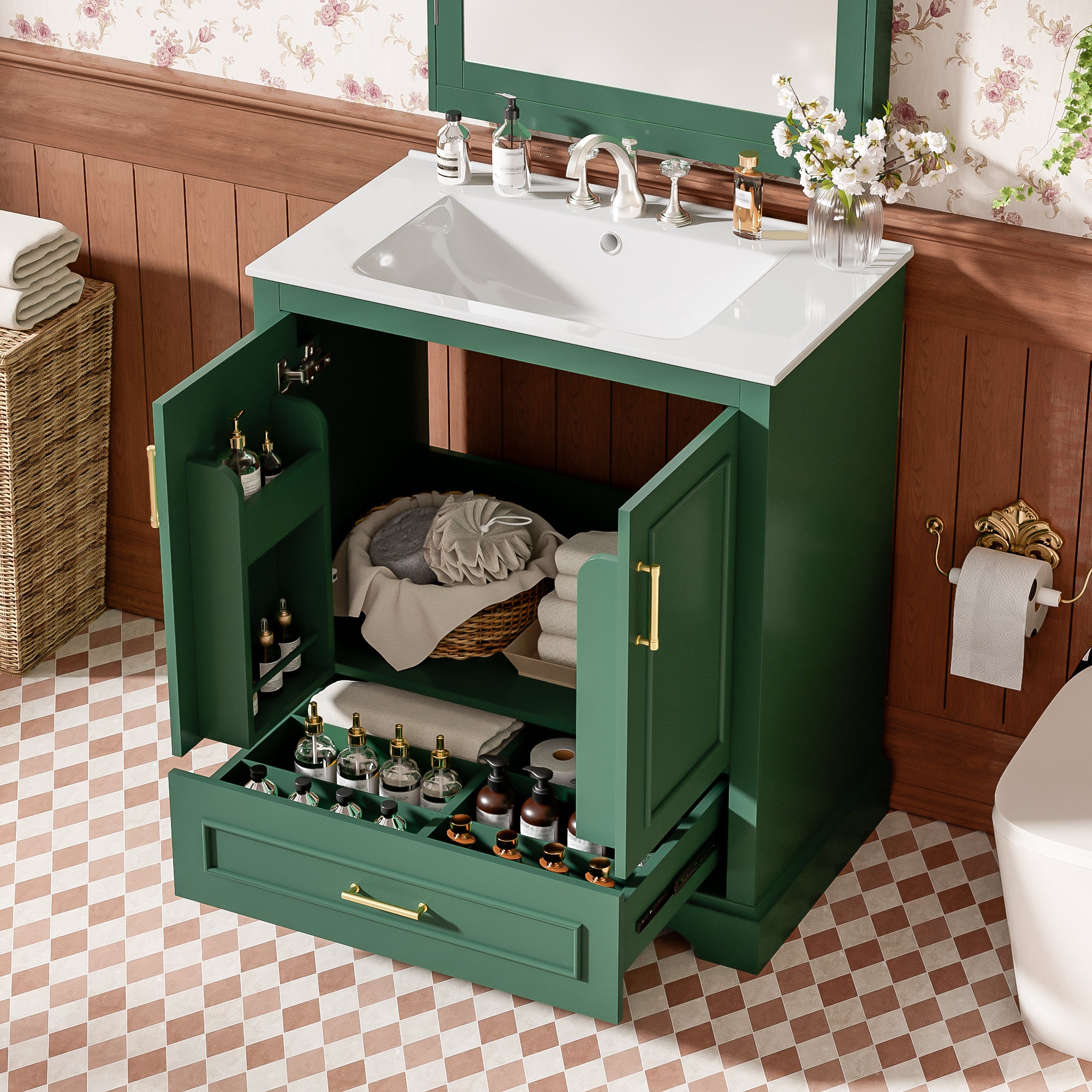30' Bathroom Vanity with Sink, MDF and Solid Wood Frame, 1 Divider Drawer and 2 Soft-close Doors (Double Shelf on Door), Freestanding Vanity