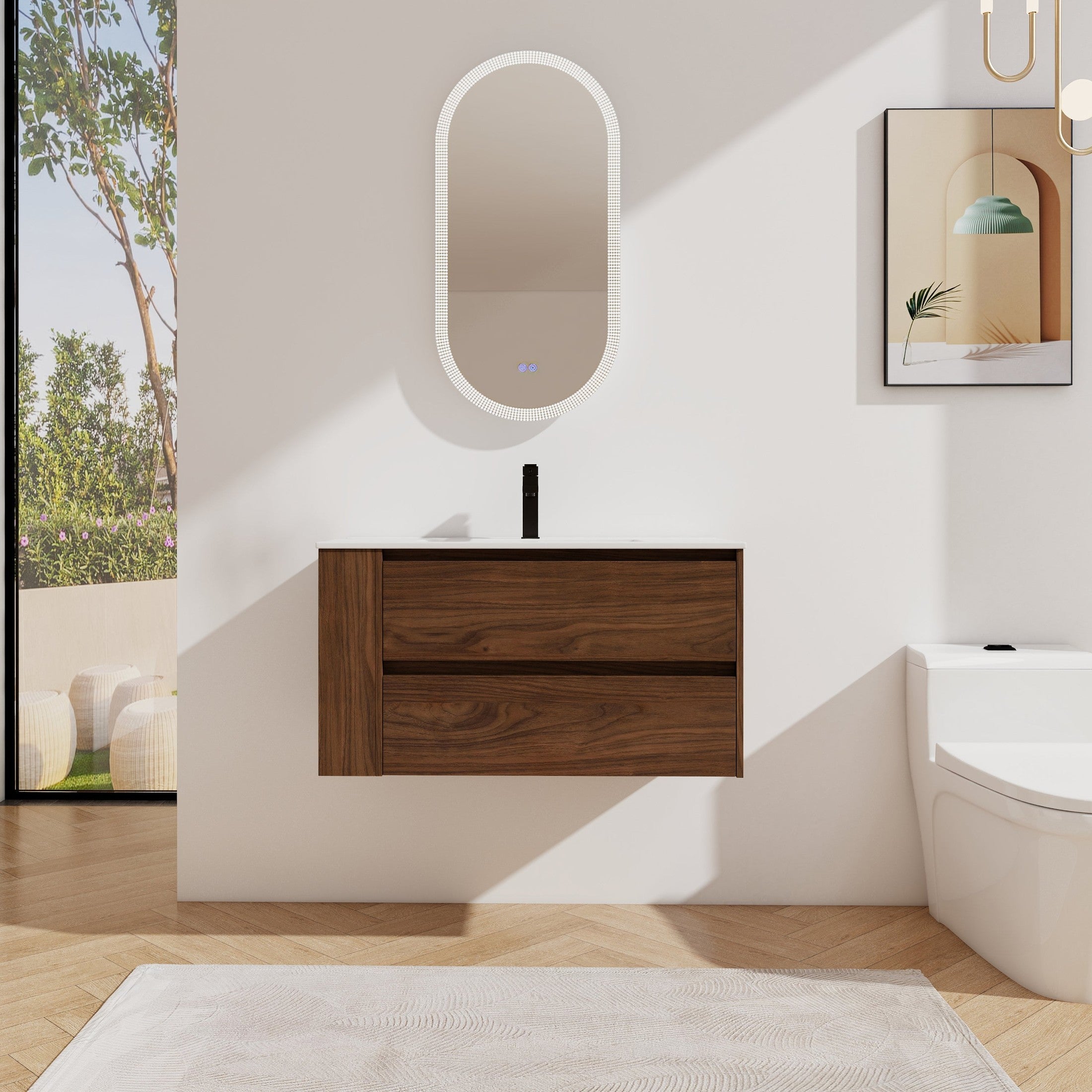36' Wall Mounting Bathroom Vanity With Ceramic Sink, Soft Close Drawer