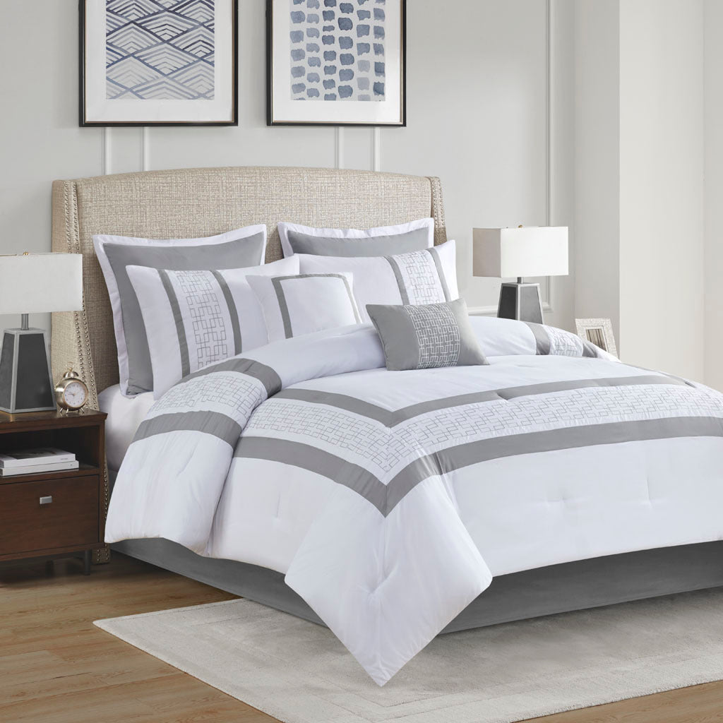 8 Piece Embroidered Comforter Set White Queen