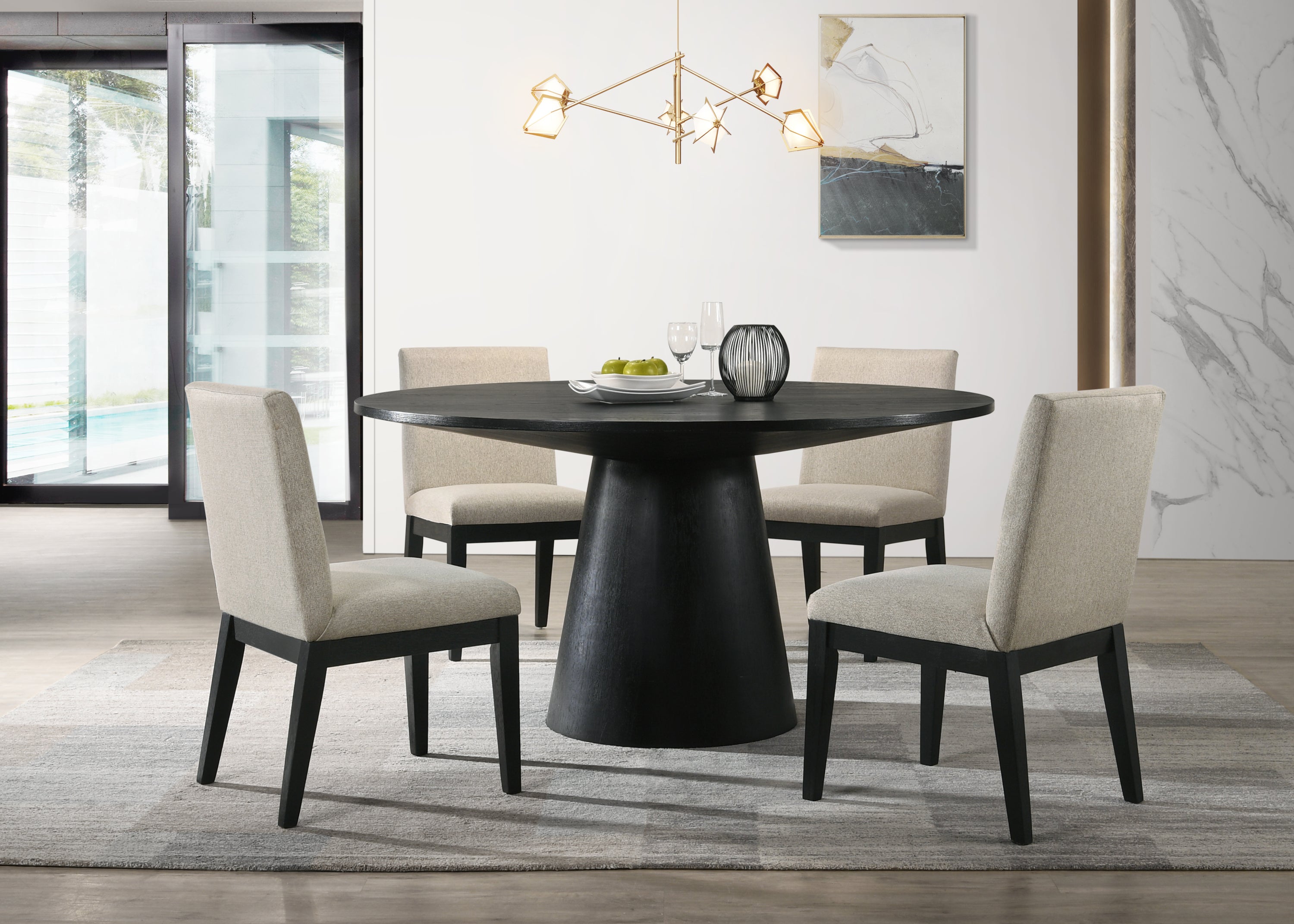 Jasper Ebony Black 5 Piece 59'W Contemporary Round Dining Table Set with Pedestal Base and Beige Fabric Chairs