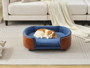 Scandinavian style Elevated Dog Bed Pet Sofa With Solid Wood legs and Walnut Bent Wood Back, Dark Blue Velvet,Mid Size