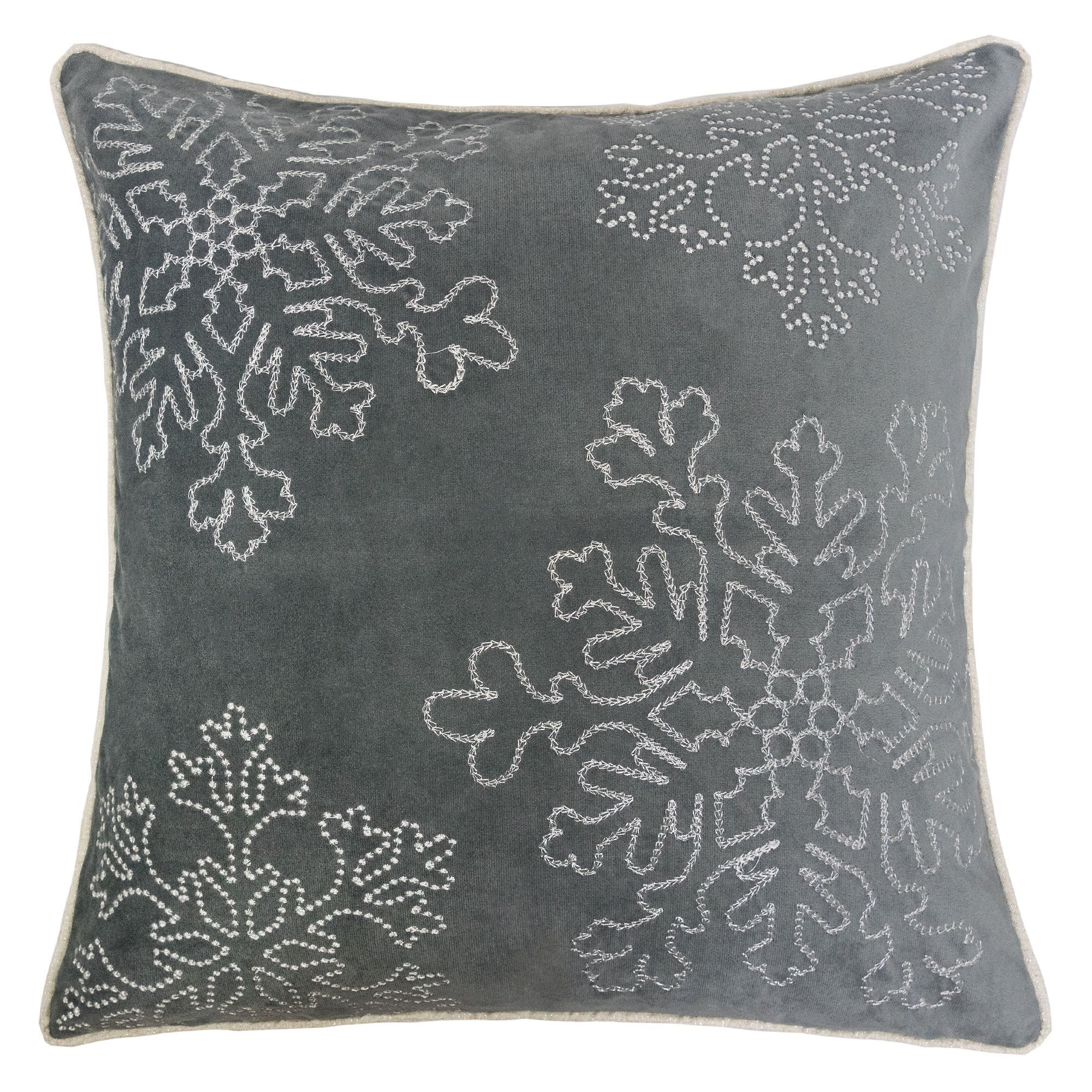 Gray Velvet Holiday Throw Pillow 20x20 with Silver Snowflake Embroidery and Insert