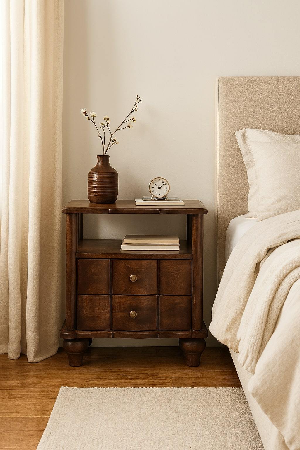 Solid Wood 2-Drawer Bedside with Open Shelf,Brown