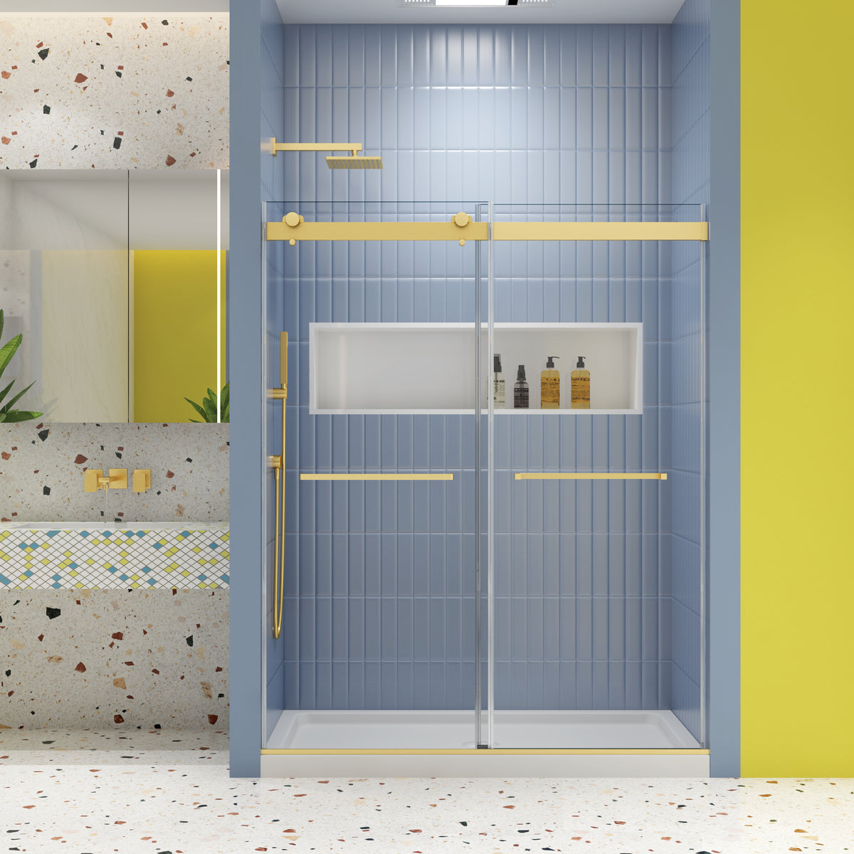 Bypass shower door, sliding door, with 5/16' tempered glass and Brushed Gold finish 6074