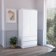 Armoire, Wardrobe Closet with Two Drawers,Hanging Rod, White