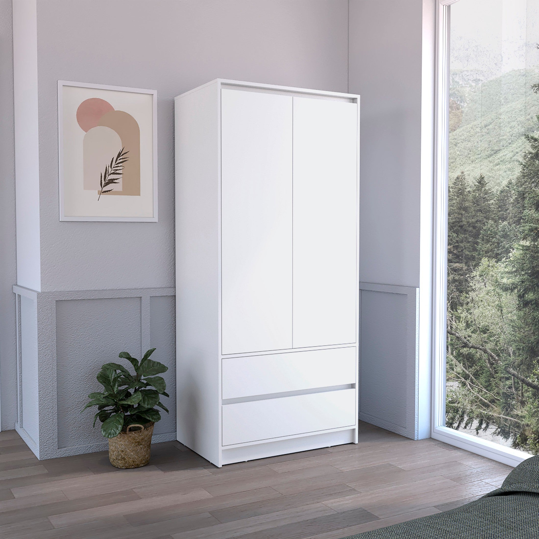Armoire, Wardrobe Closet with Two Drawers,Hanging Rod, White
