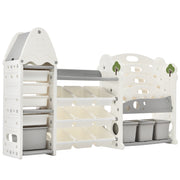Multi-functional Kids Bookshelf Toy Storage Organizer with 17 Bins and 5 Bookshelves in Gray HDPE