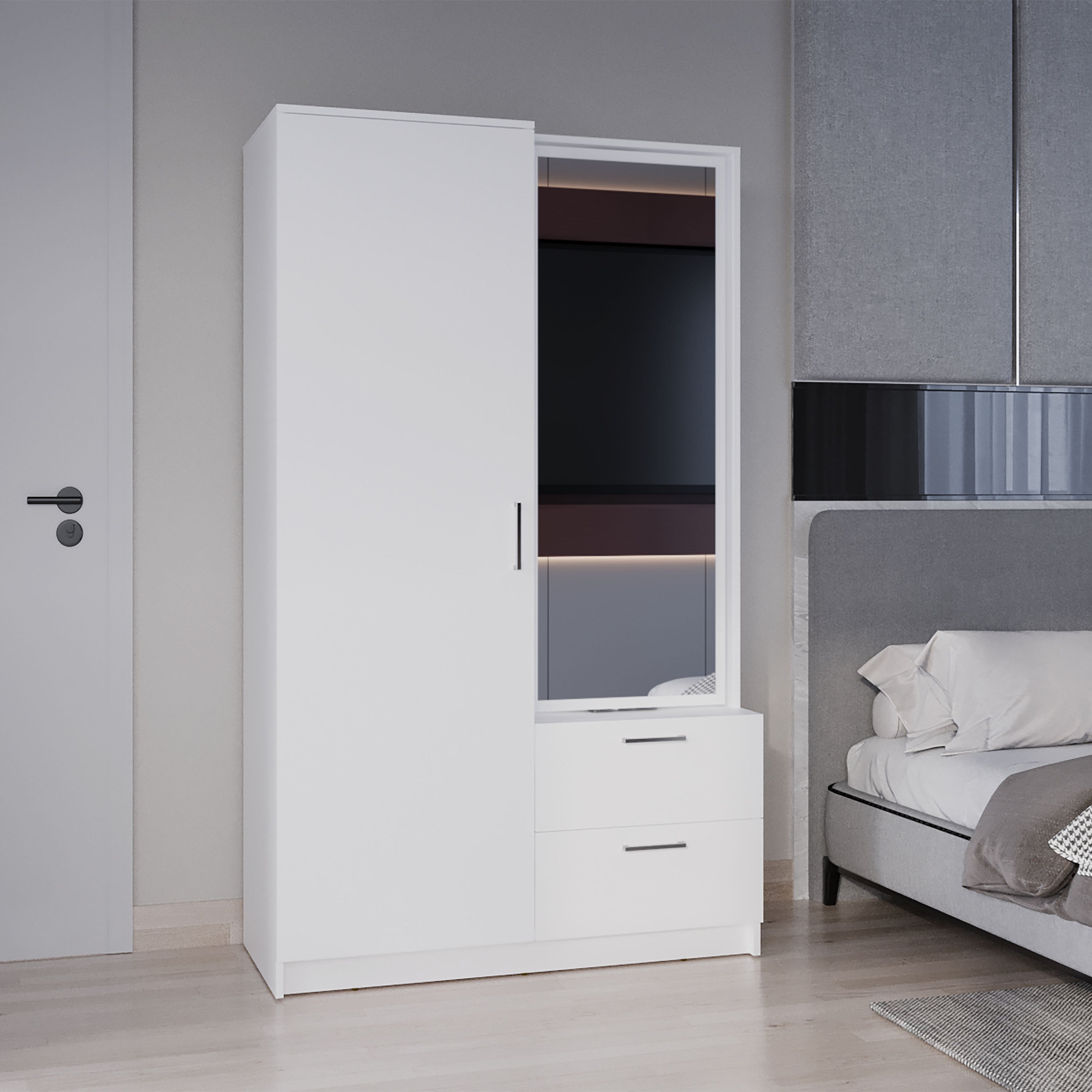 Seville 71' High Mirror Armoire, One Door Cabinet, Two Drawers , Hanging Rod, Rotating Mirror And Shoe Rack, Two Shelves White