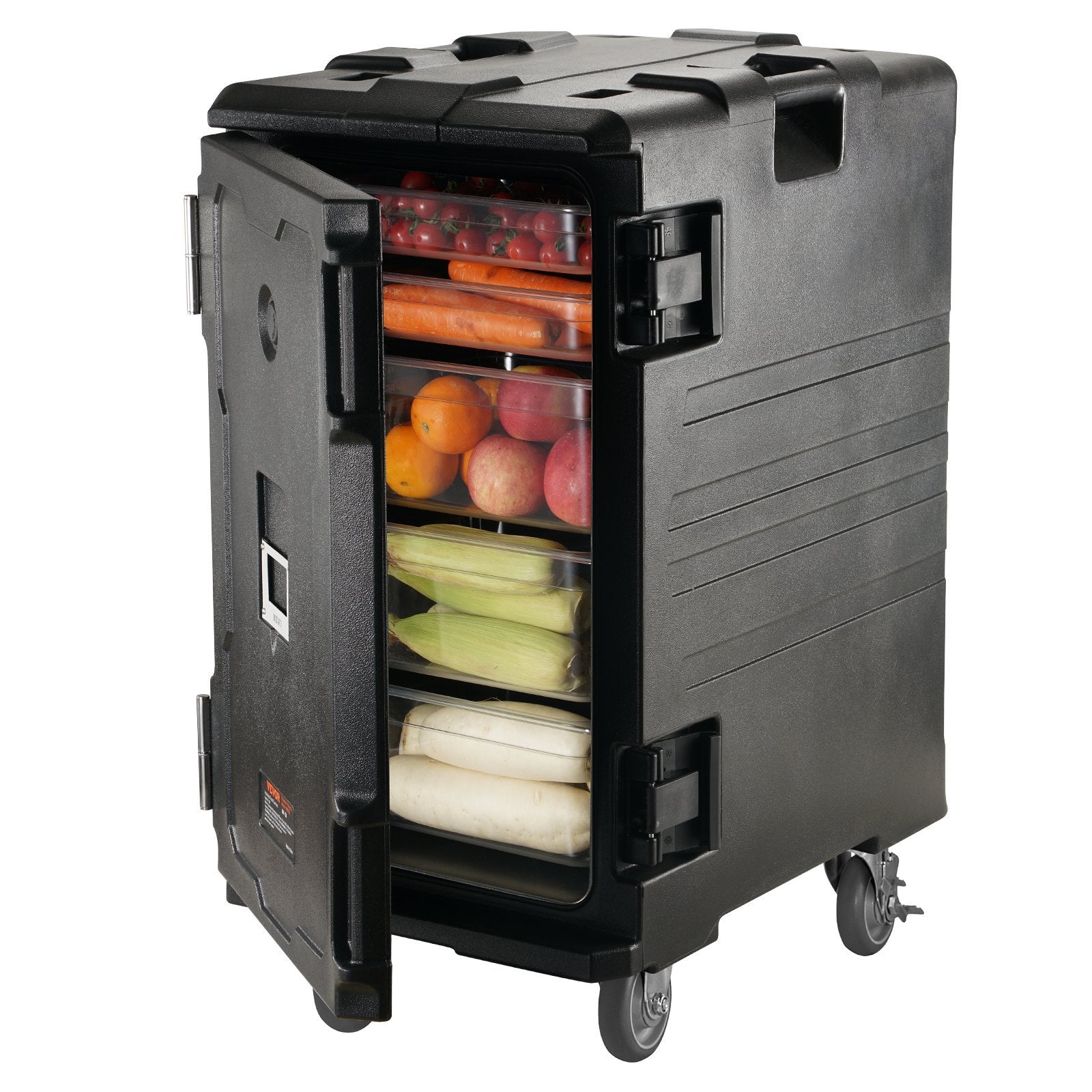 Insulated Food Pan Carrier, 109 Qt Hot Box for Catering, LLDPE Food Box Carrier w/Double Buckles, Front Loading Food Warmer w/Handles, End Loader w/Wheels for Restaurant, Canteen, etc. Black