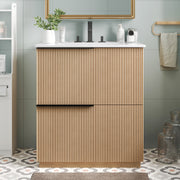 30' Bathroom Vanity with Ceramic Sink and Full-Extension Drawers, Soft Close Undermount Drawer Slides, Fluted Design, Natural