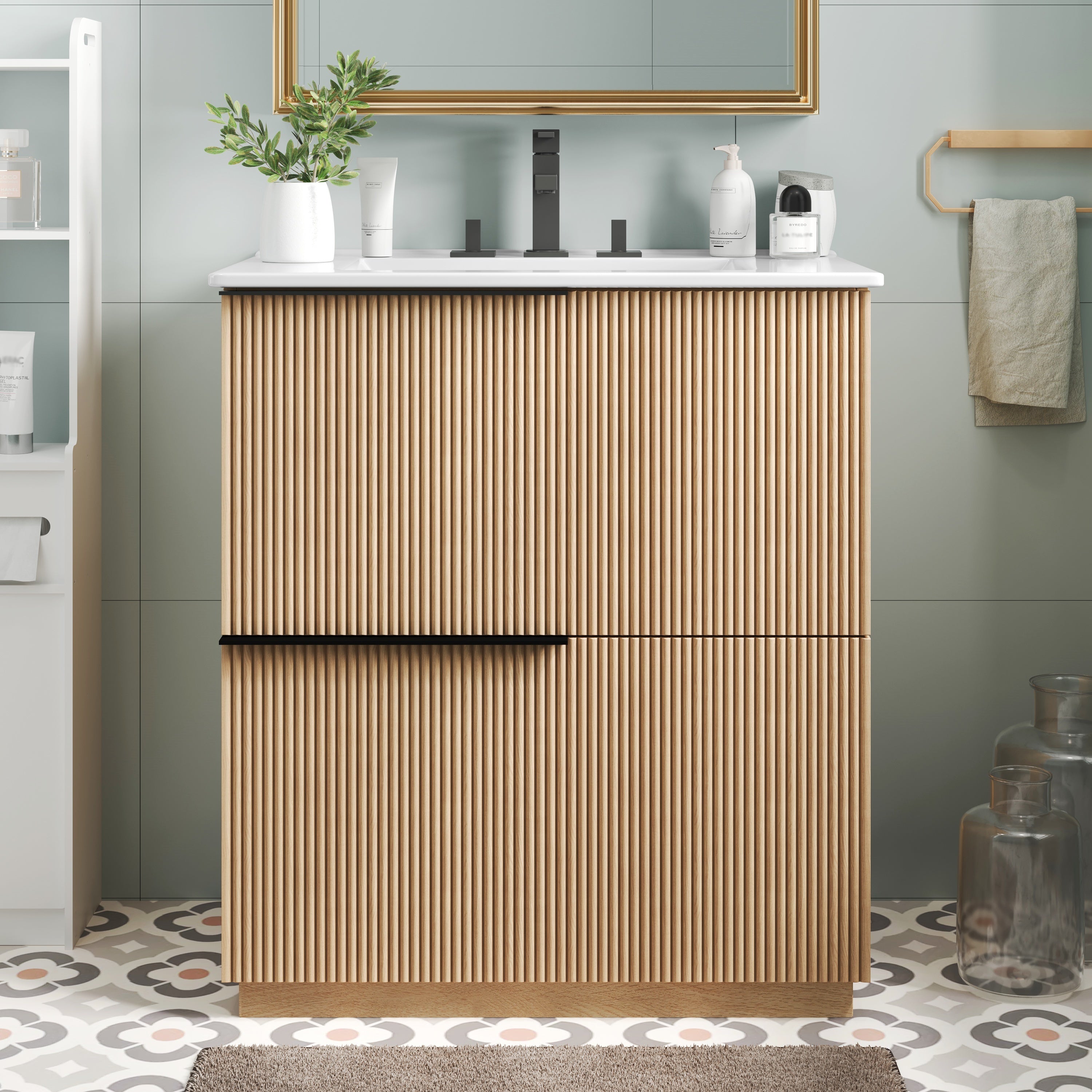 30' Bathroom Vanity with Ceramic Sink and Full-Extension Drawers, Soft Close Undermount Drawer Slides, Fluted Design, Natural