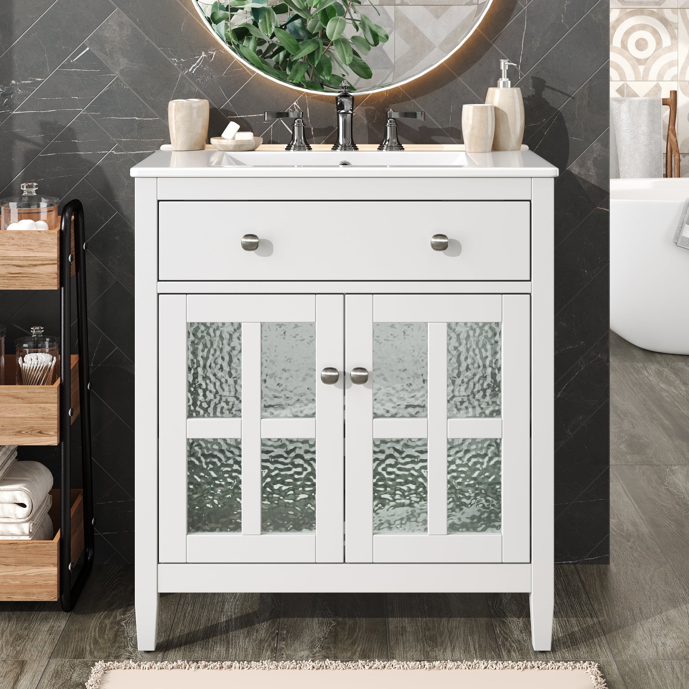 30' Bathroom Vanity with Ceramic Sink, Equipped with Adjustable Shelf and Tip-Out Tray, Bathroom vanity with Solid Wood Legs, Silver Metal Knobs and Soft Close Hinges, White