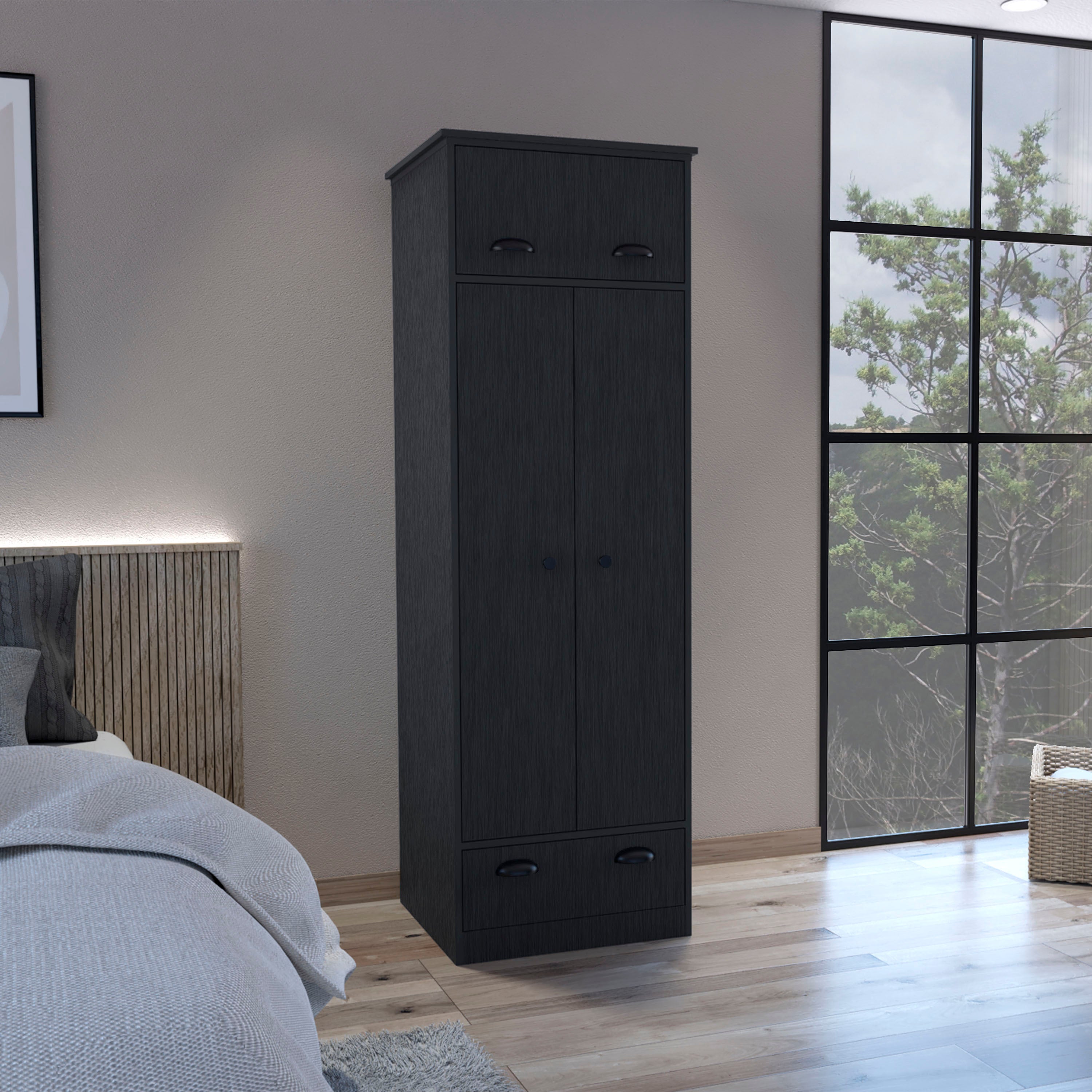 Falkland Armoire with 1 Drawer and 1 Hinged Drawer with Handles Black