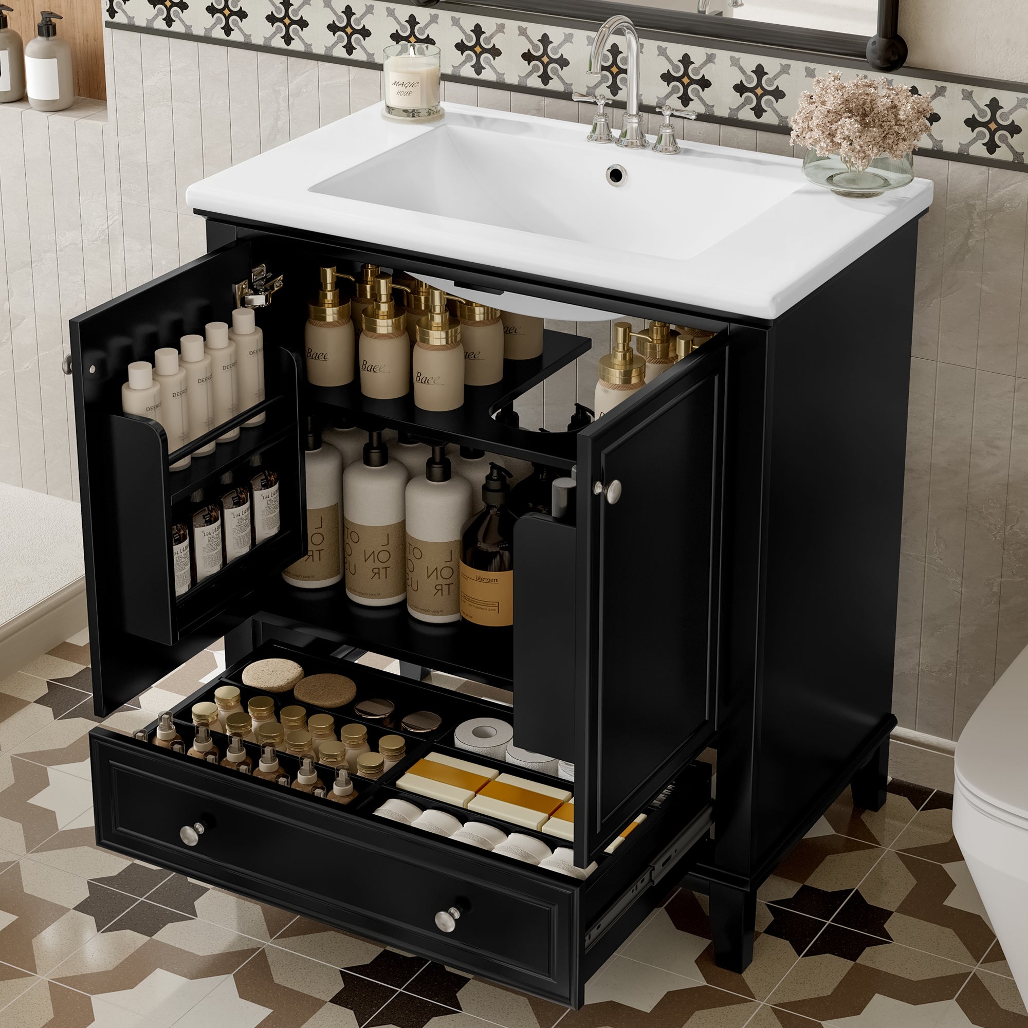 30' Bathroom Vanity with Sink Combo, Multi-functional Bathroom Cabinet with Doors and Drawer, Solid Frame and MDF Board, Black (Old Sku:SY999606AAB)