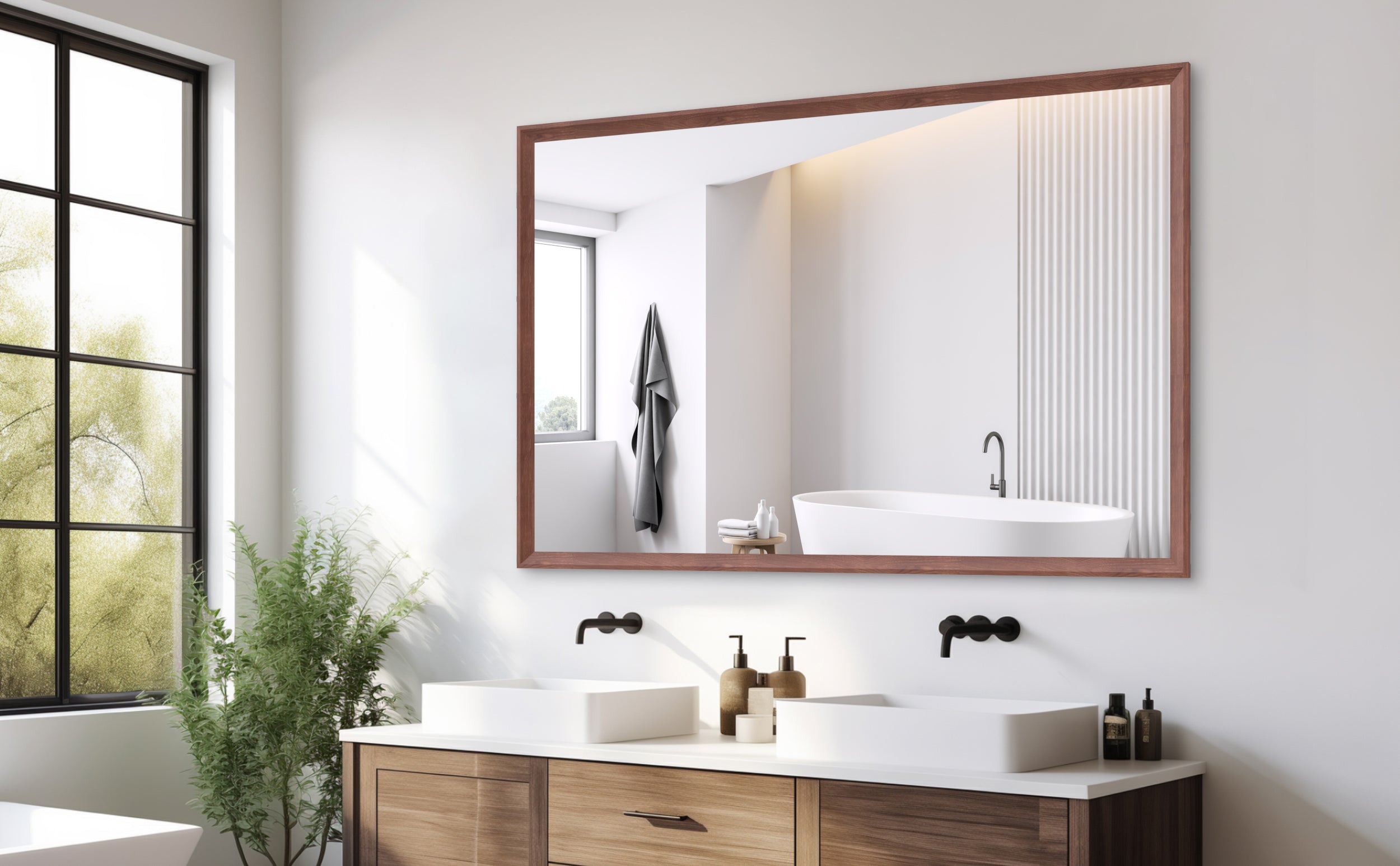 60'x40' Oversized Modern Rectangle Bathroom Mirror with walnut  Frame Decorative Large Wall Mirrors for Bathroom Living Room Bedroom Vertical or Horizontal Wall Mounted mirror with Aluminum Frame