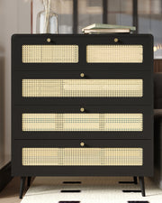 4 Drawer Dresser, Modern Rattan Dresser Chest with Wide Drawers and Metal Handles, Farmhouse Wood Storage Chest of Drawers for Bedroom, Living Room, Hallway, Entryway