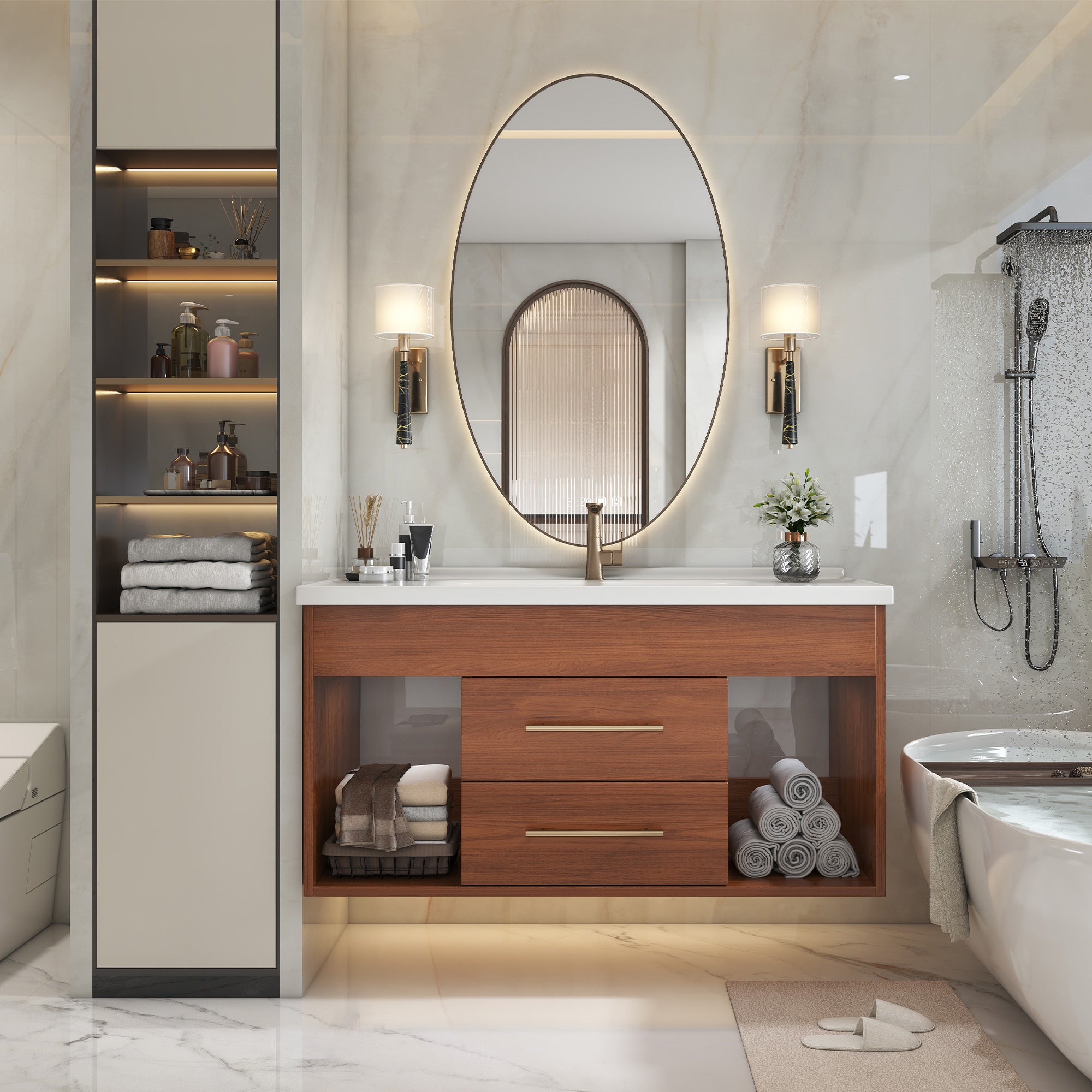 35.4' Mid-century Modern Single Bathroom Vanity with Integrated Ceramic Undermount Sink