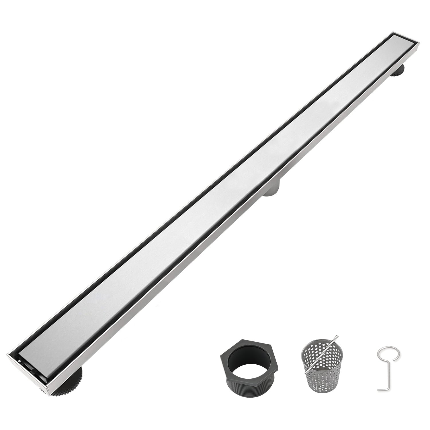 32 Inch Linear Shower Drain with Removable Cover, 304 Stainless Steel Shower Floor Drain with Hair Strainer and Leveling Feet