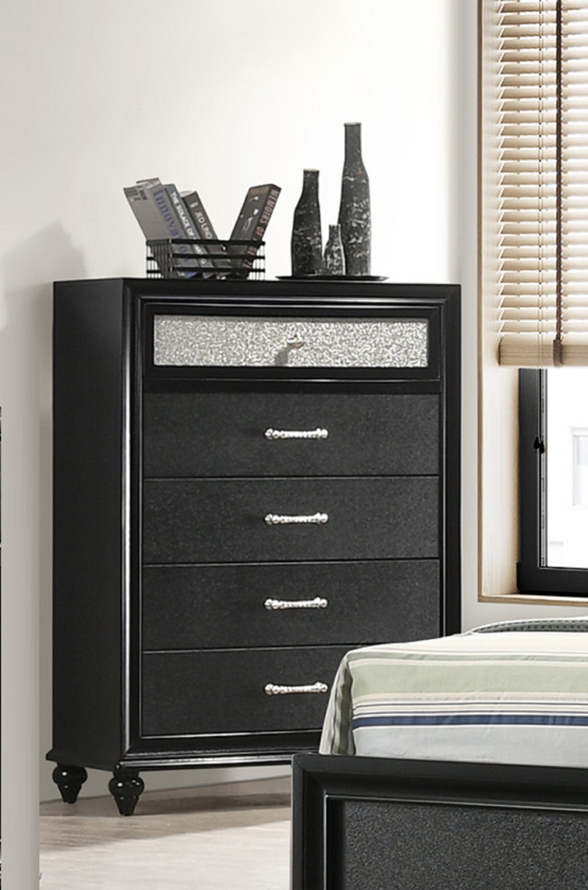 1pc Luxury Glam Five Drawer Bedroom Chest with Two-Toned Drawer Black Finish Shimmering Accents Bedroom Solid Wood Wooden Furniture