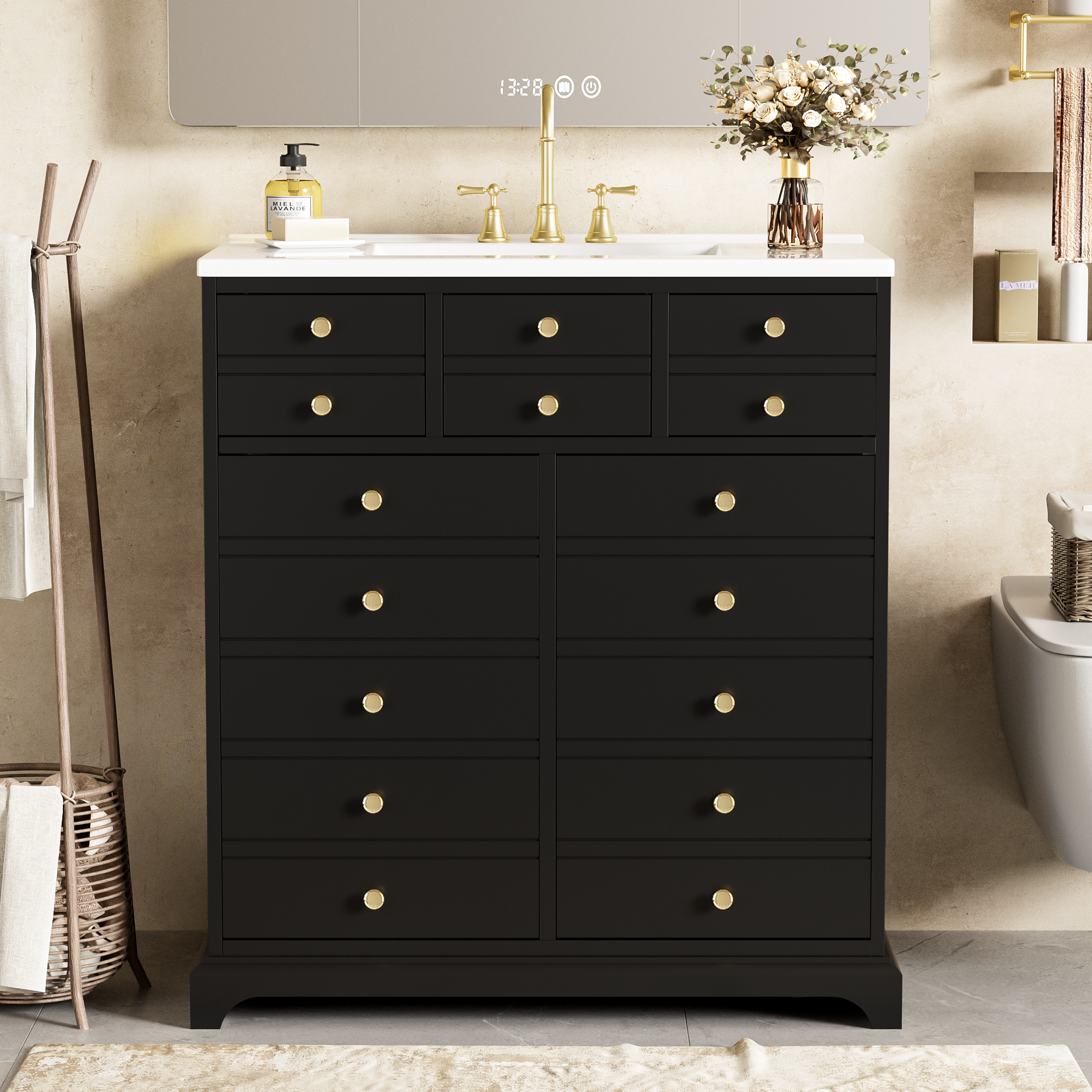 30'' Bathroom Vanity with Ceramic Sink Combo, Solid Wood Frame Bathroom Storage Cabinet, Freestanding Vanity Set with 2 Drawers& Soft Closing Doors, Black