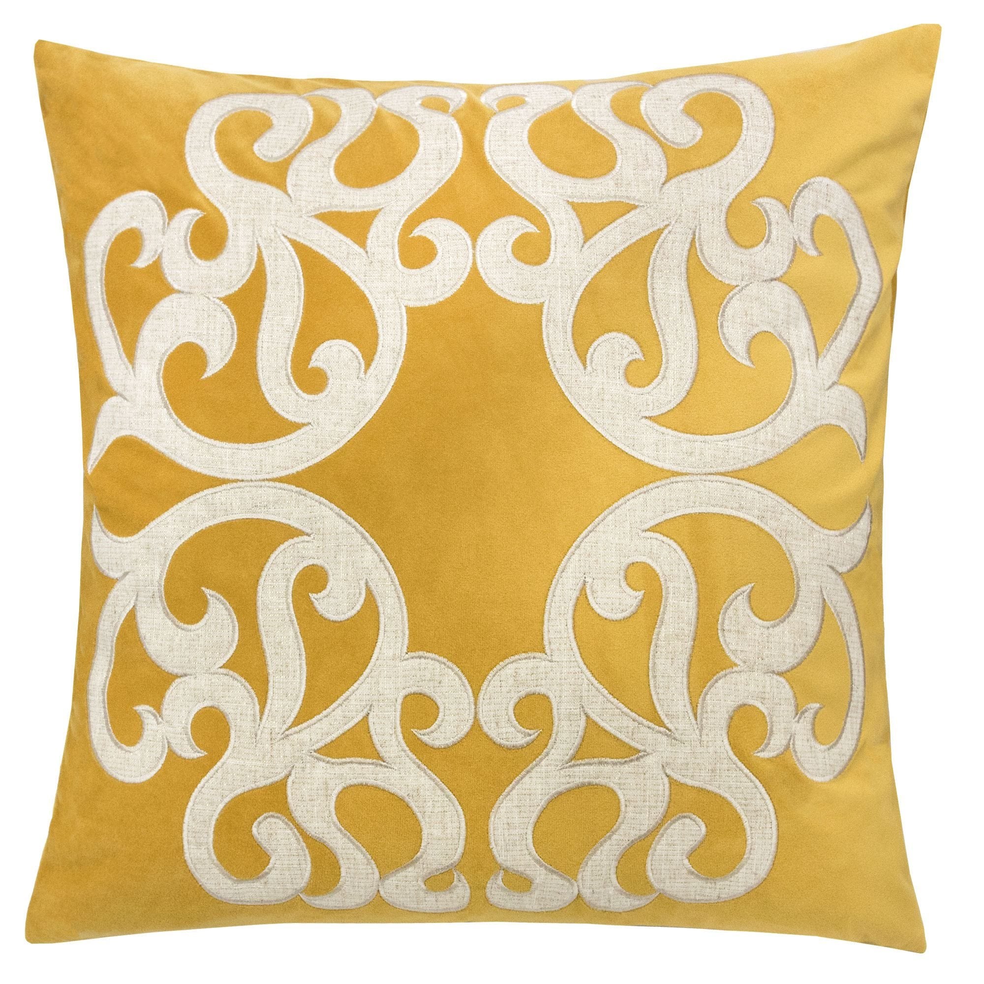 Dora Vintage Vine Yellow Polyester Velvet Pillow Cover with Matching Back and Hidden Zipper - 20x20 Inches