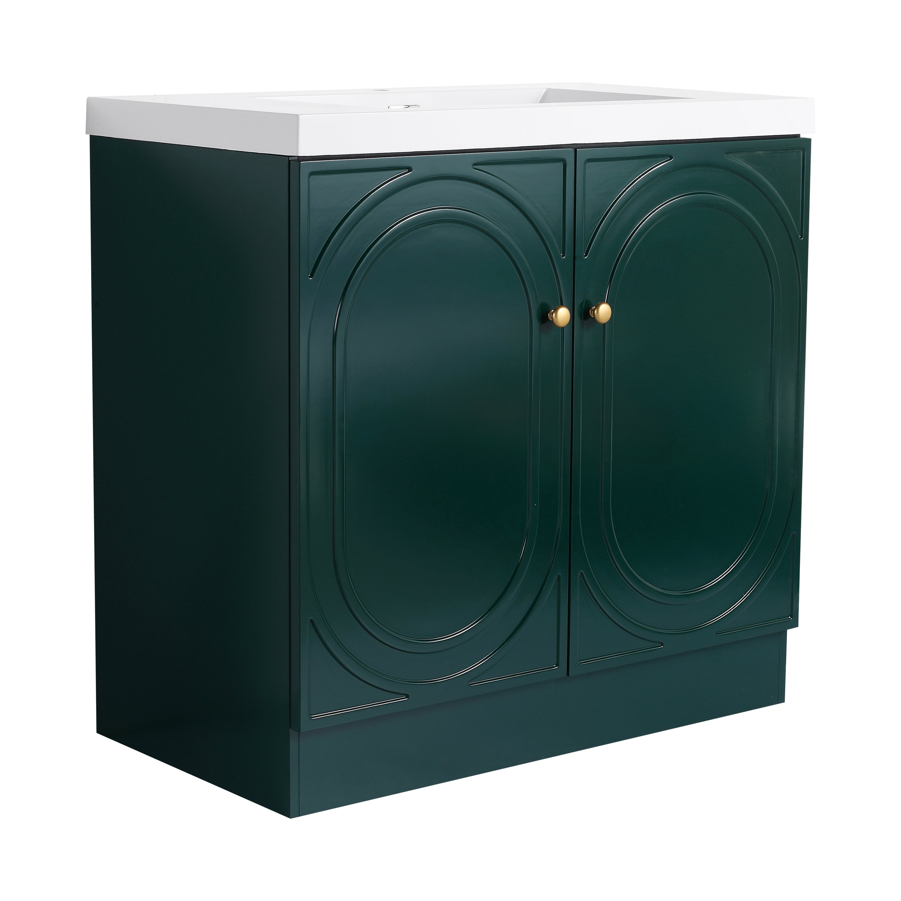 Contemporary 36' Freestanding Bathroom Vanity with White Resin Sink & Soft-Close Cabinet Doors, Dark Green Plywood