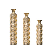 Metal Decorative Vase High Distress Metal Center Vase With 3D Triangle Pattern, Set Of 3 Vases for Home Decoration 33.5', 29.5', 25.2'High, Gold