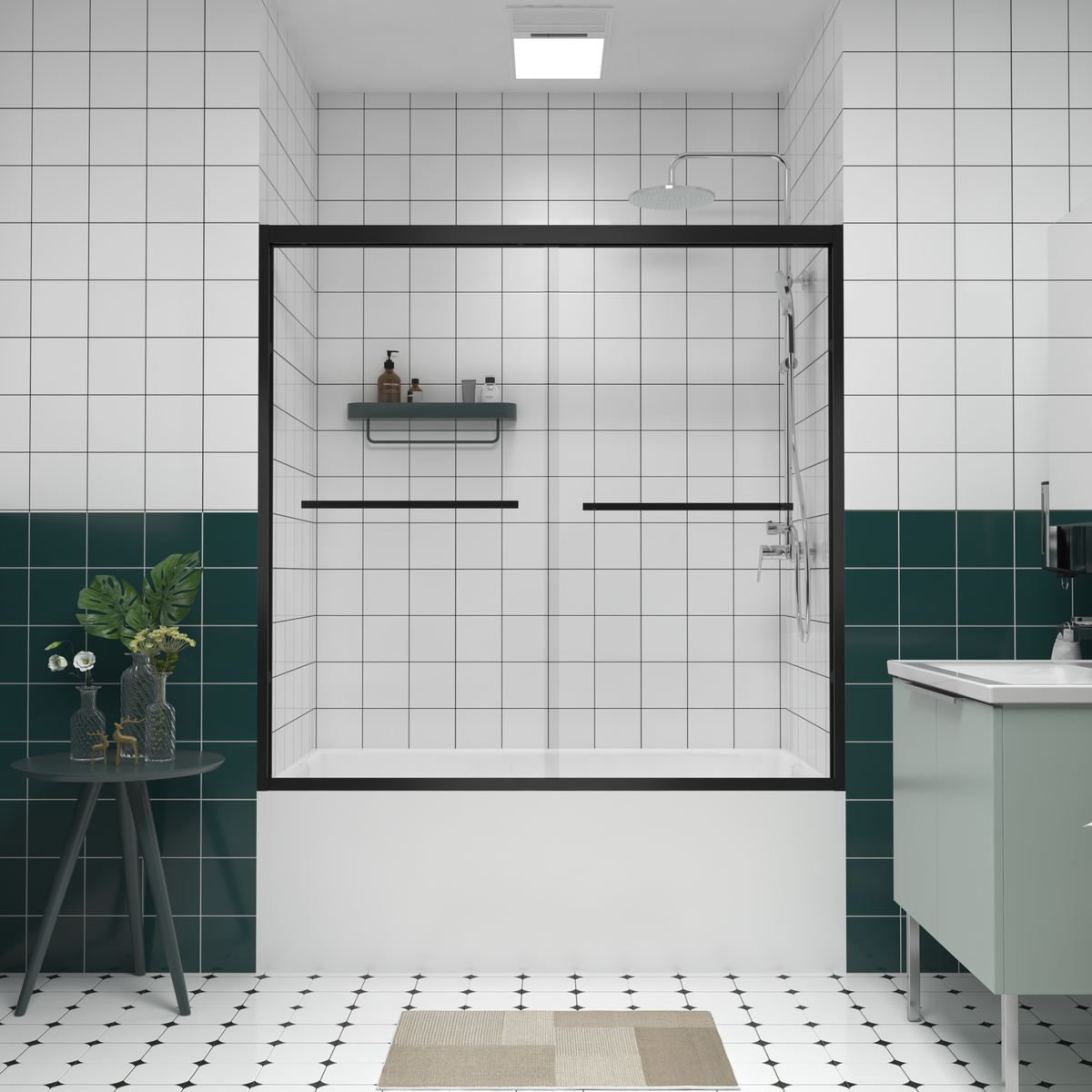 56-60'x58' Aluminum Frame Double Sliding Bathtub Screen,Bypass Bathroom Sliding Door with Premium 1/4' (6mm) Clear Tempered Glass, Black Hardware Sliding Glass Shower Enclosure,Matte Black Finished