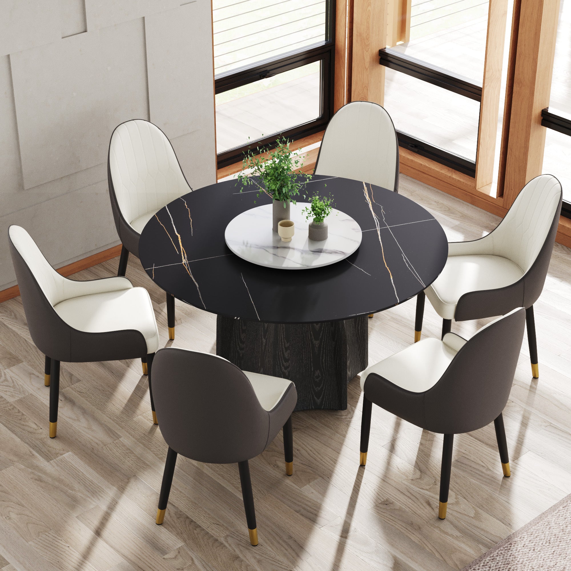 53' Round Marble Dining Table with Black Textured Solid Wood Base, Artificial Marble for 6 People, 23.62'White Artificial Stone Turntable,Black&White (Dining Table Only)