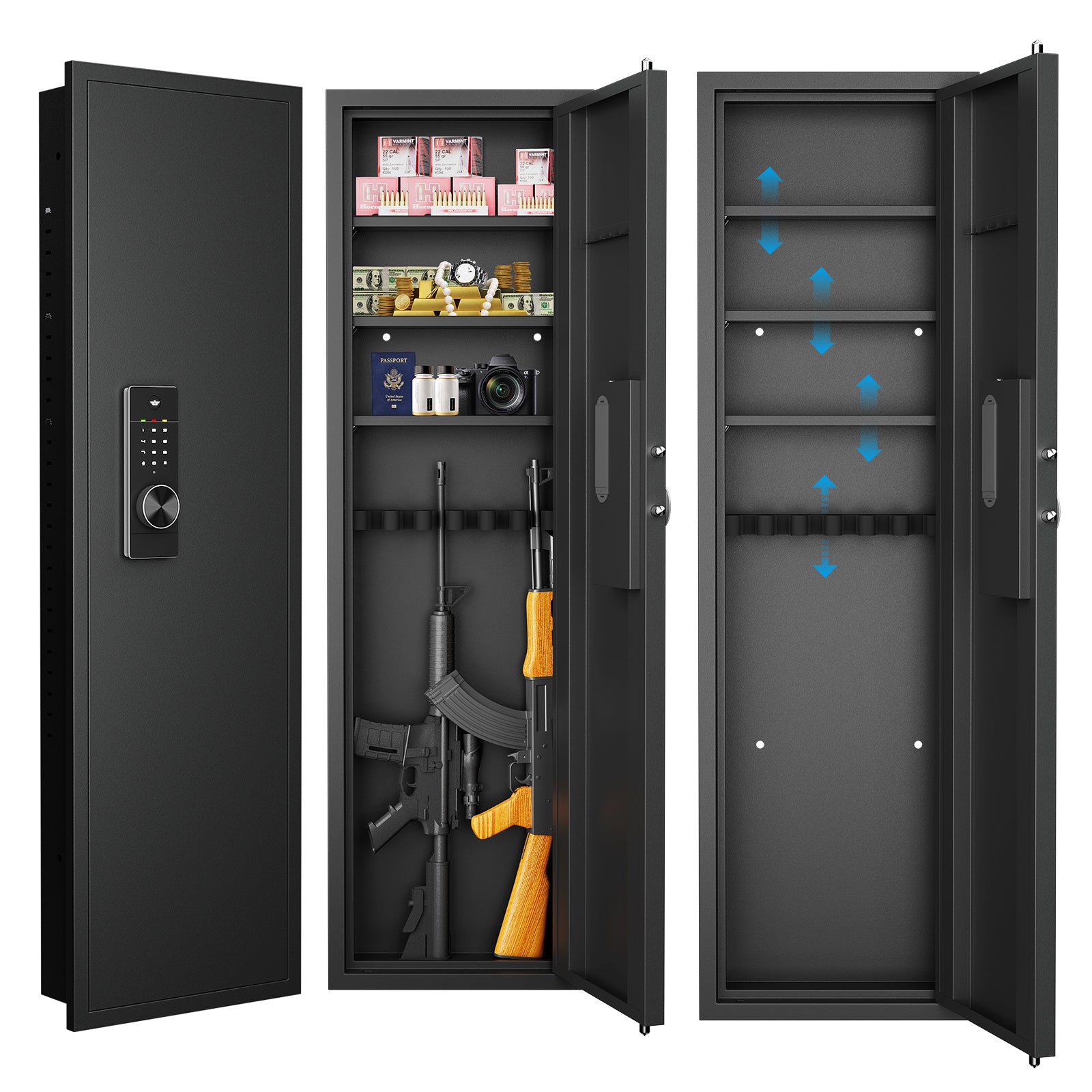 53' Passwod Touch Panel In-Wall Safe,Hidden Wall Gun Safe for Rifles with Adjustable Shelves,Assembled Storage Multifunctional Wall Safe for Firearm and Valuables (Black-Digital)