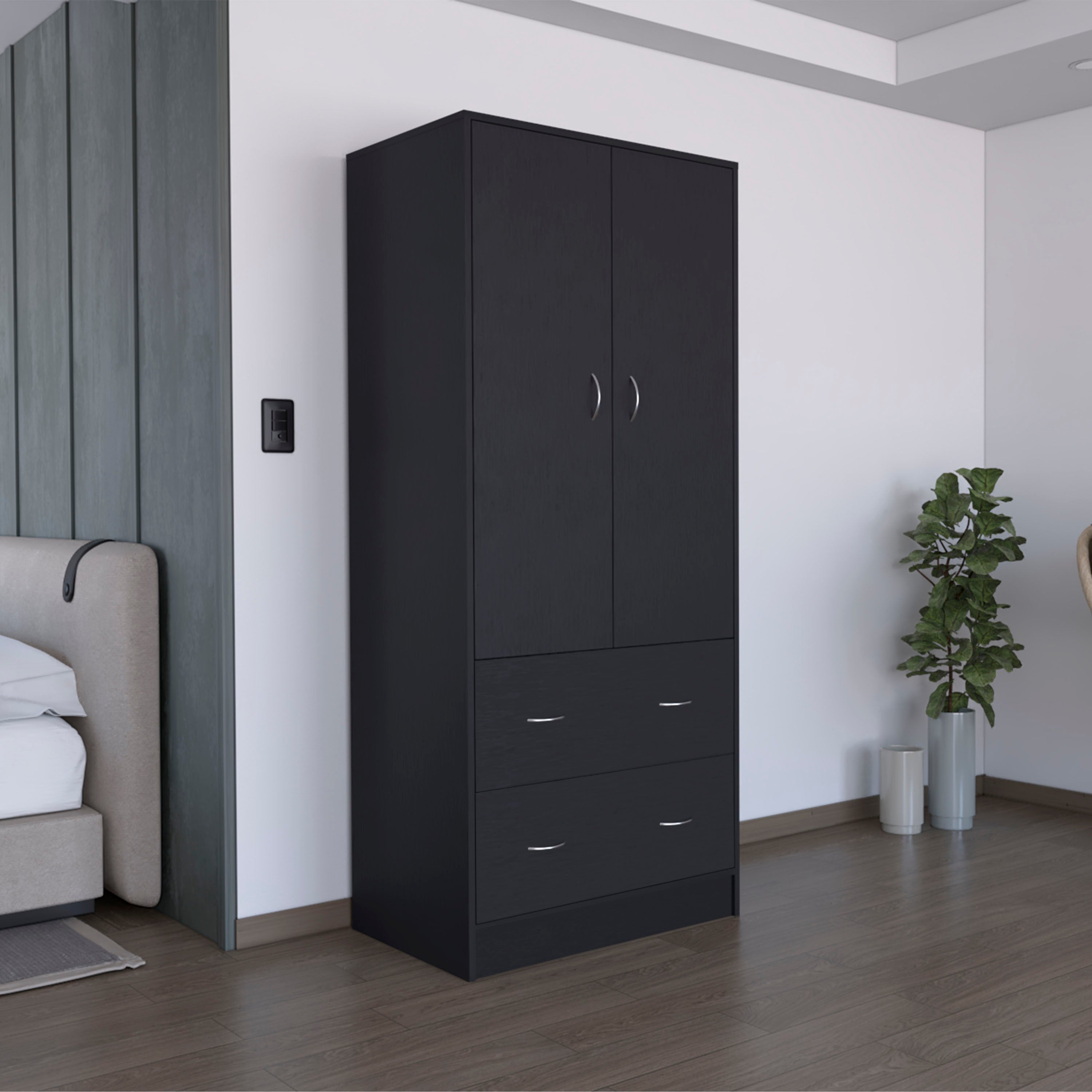 71' H Armoire with Two Doors, Two Drawers, and Hanging Rod,Black
