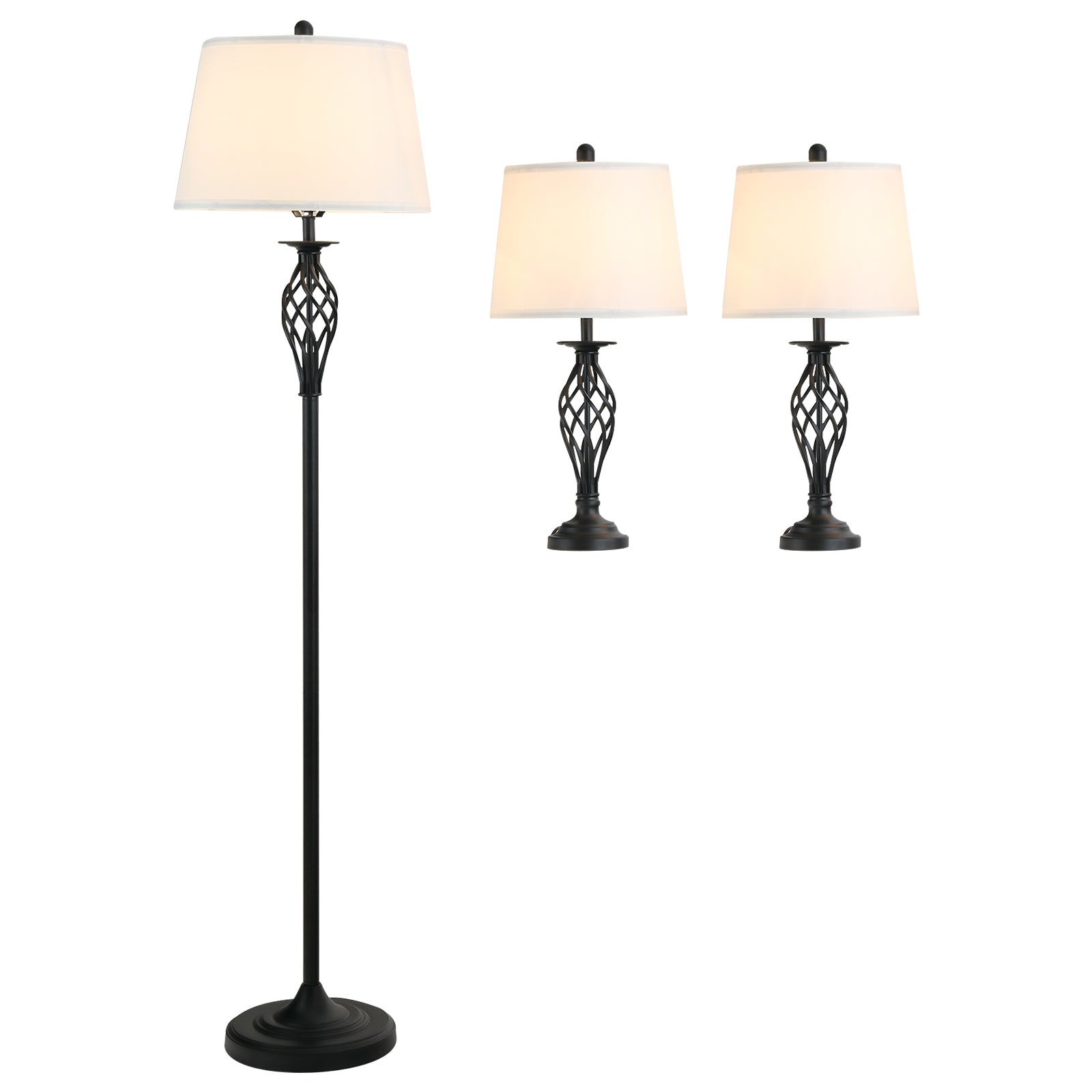 HOMCOM 3 Piece Table Floor Lamp Set with Metal Pole, Round Base, and Fabric Lampshade, for Living Room, Black/White