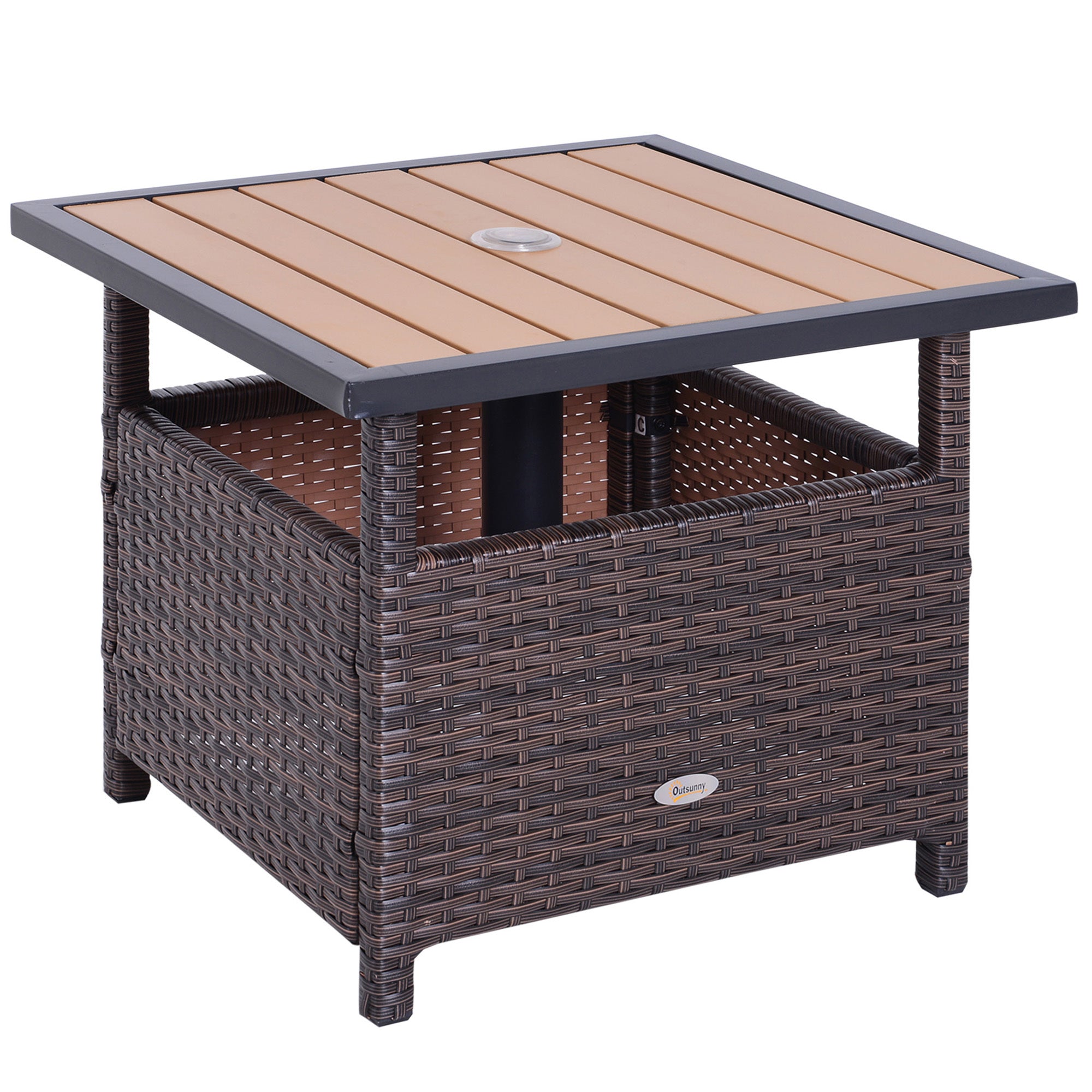 Outsunny 22'' Rattan Wicker Side Table with Steel Frame, Umbrella Insert Hole, Sand Bag for Outdoor, Patio, Garden, Backyard, Brown