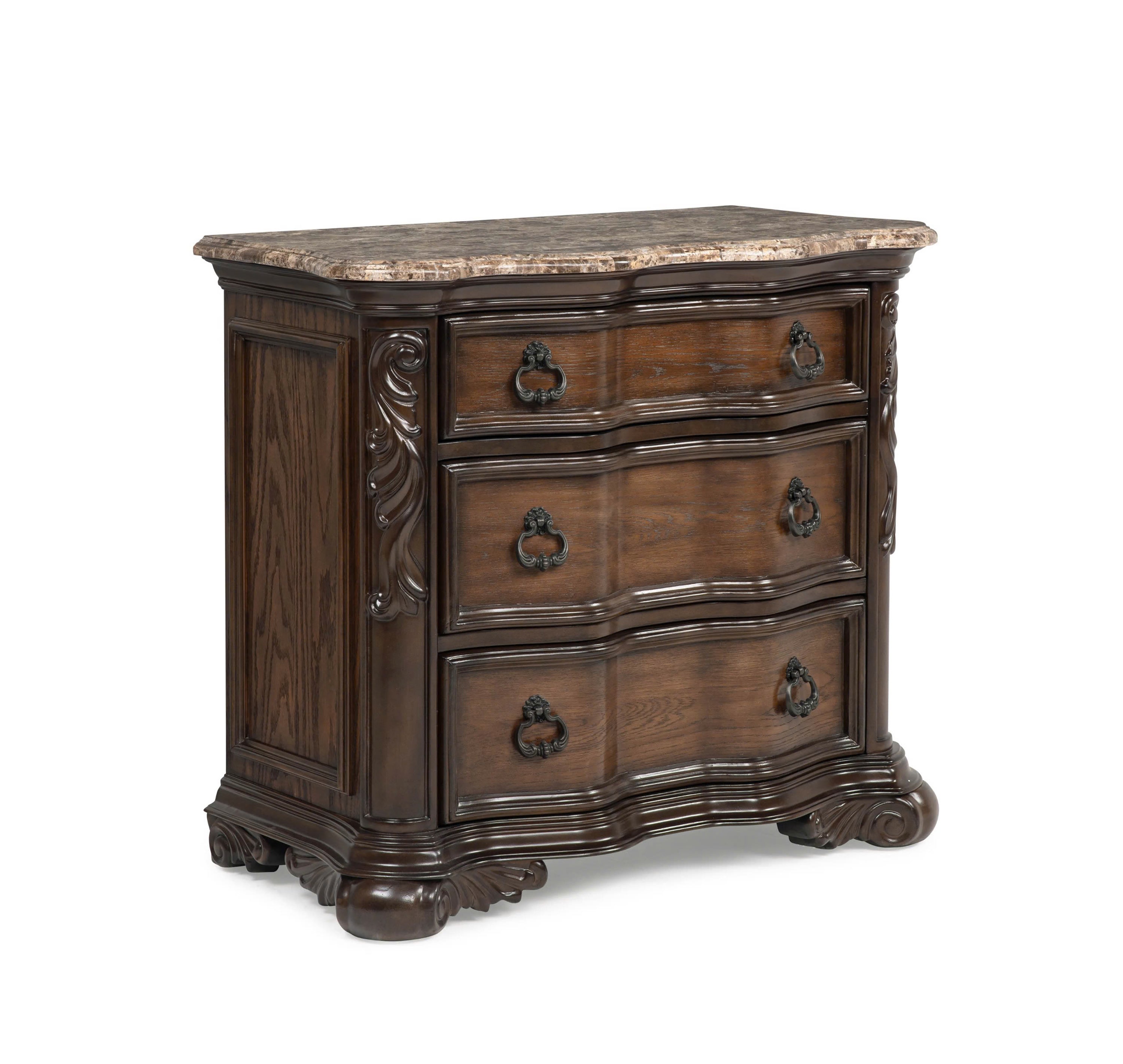 1pc Genuine Marble Top Three Drawers Nightstand Intricate Moldings Beautifully Curved Silhouette Rich Coffee Wood Finish Bedroom Solid Wood Furniture