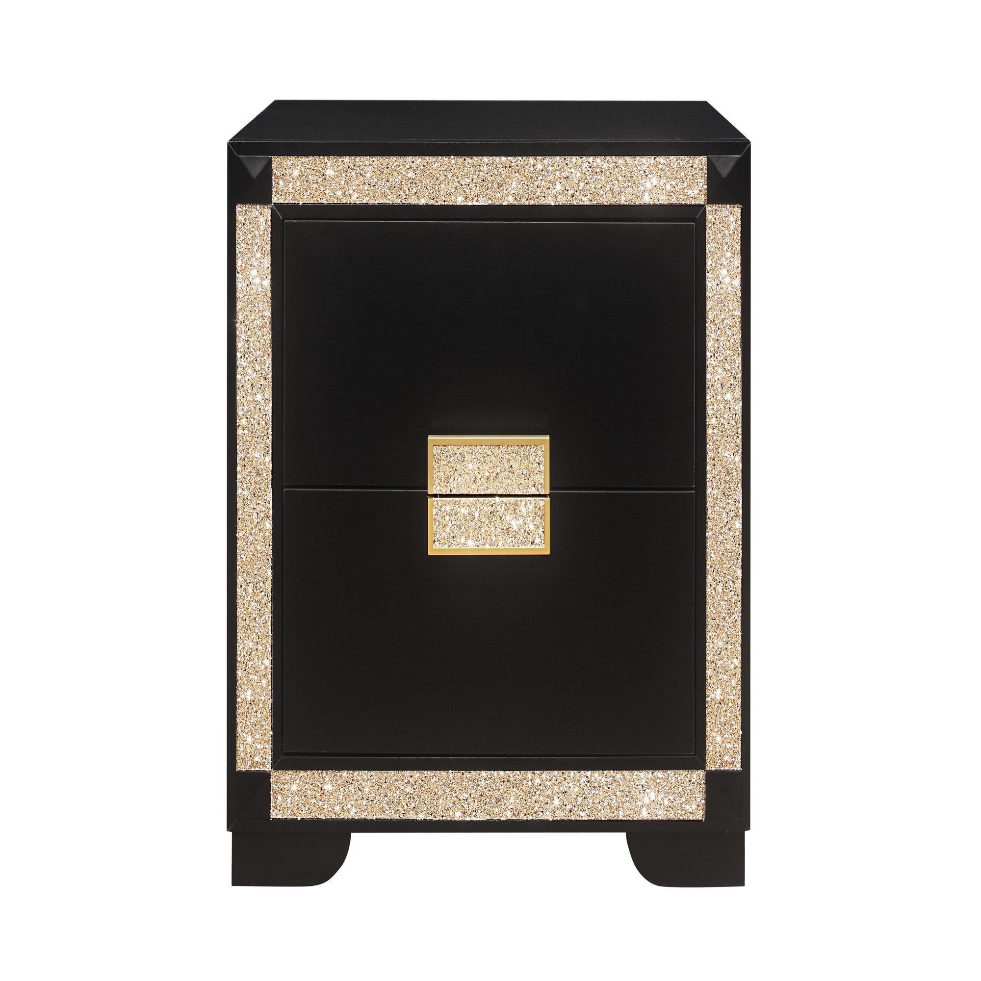 LIVELY Black/Gold Nightstand with Glitter Detail and Thick Bar Handle Hardware, Wood, 26x17x27 inches