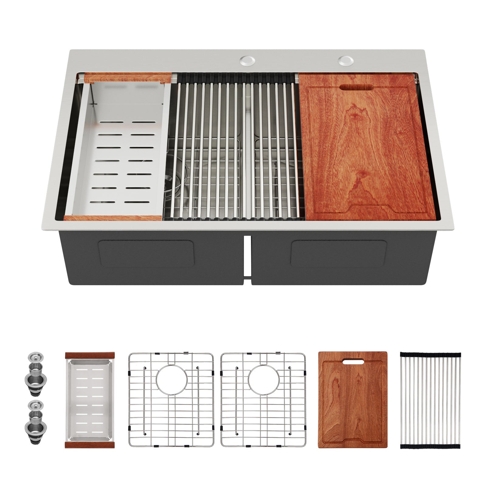 Brushed Nickel Topmount Drop-In Double Bowl Kitchen Sink 36' x 22' x 10' 16 Gauge Stainless Steel