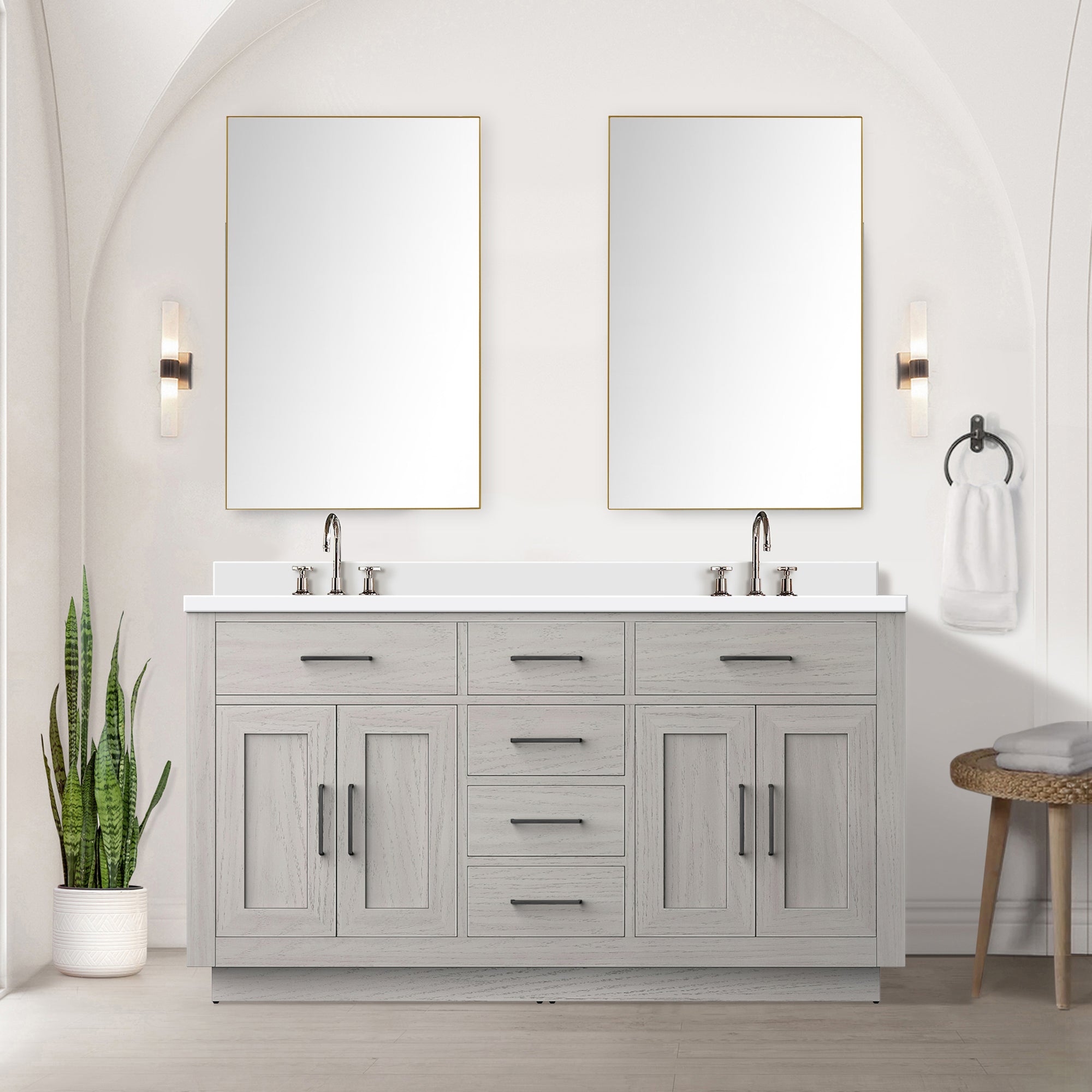 White Oak Double Bath Vanity 60 in. W x 22 in. D, with Cultured Marble Top