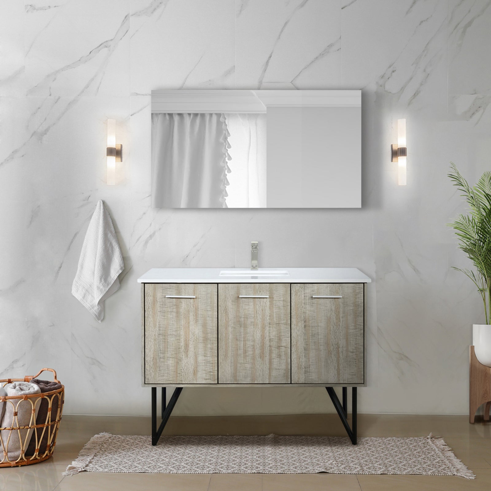 Rustic Acacia Bath Vanity 48 in. W x 20 in. D, Cultured Marble Top and Brushed Nickel Faucet Set