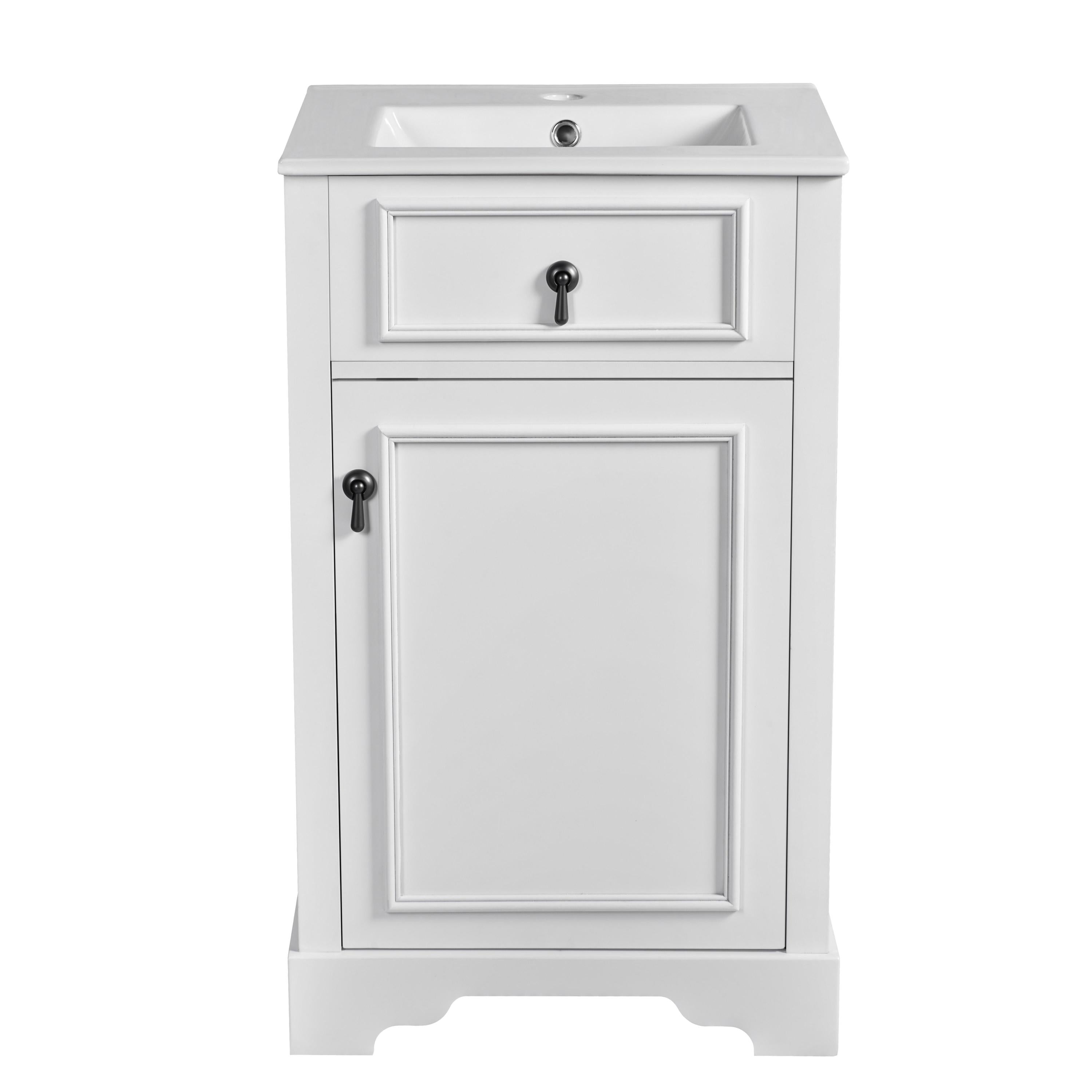 Modern Bathroom Vanity with Ceramic Sink, Soft Close Door, Adjustable Shelf, and Door-Mounted Storage Rack - White, Solid Wood + MDF, 20-Inch