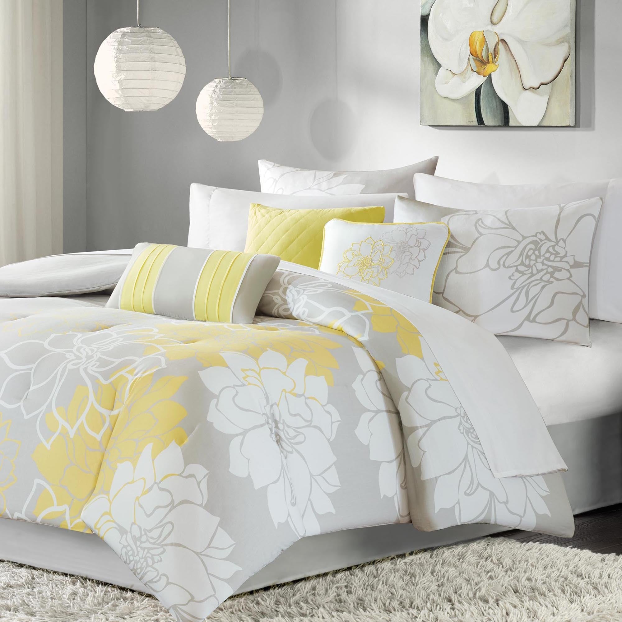 Printed Cotton Sateen Comforter Set Taupe Grey/Yellow Cal King