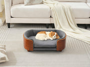 Scandinavian style Elevated Dog Bed Pet Sofa With Solid Wood legs and Walnut Bent Wood Back,Dark Grey Velvet,Small Size