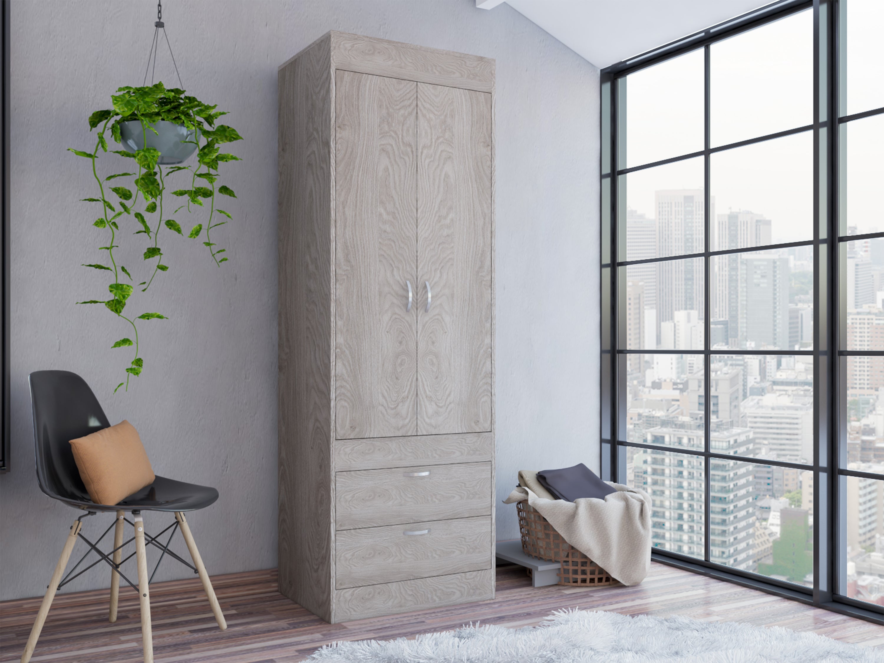 Armoire, Double Door Cabinet, Two Drawers, Metal Handles, Rod, Light Gray