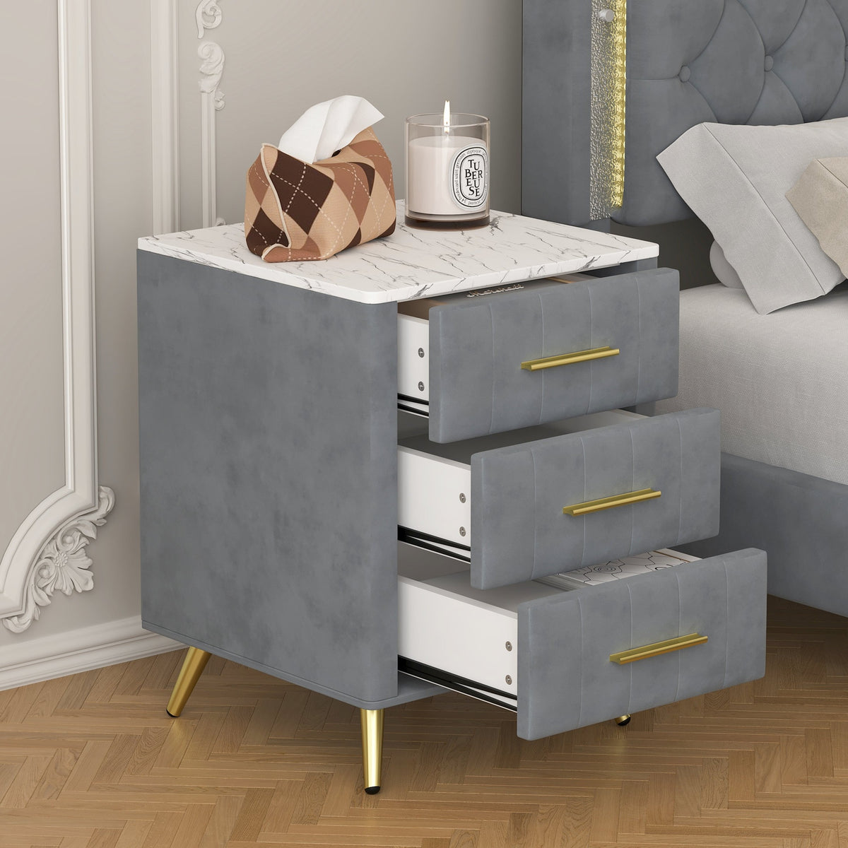 Upholstered Wooden Nightstand with 3 Drawers and Metal Legs&Handles, Bedside Table with Marbling Stickers Worktop - Grey