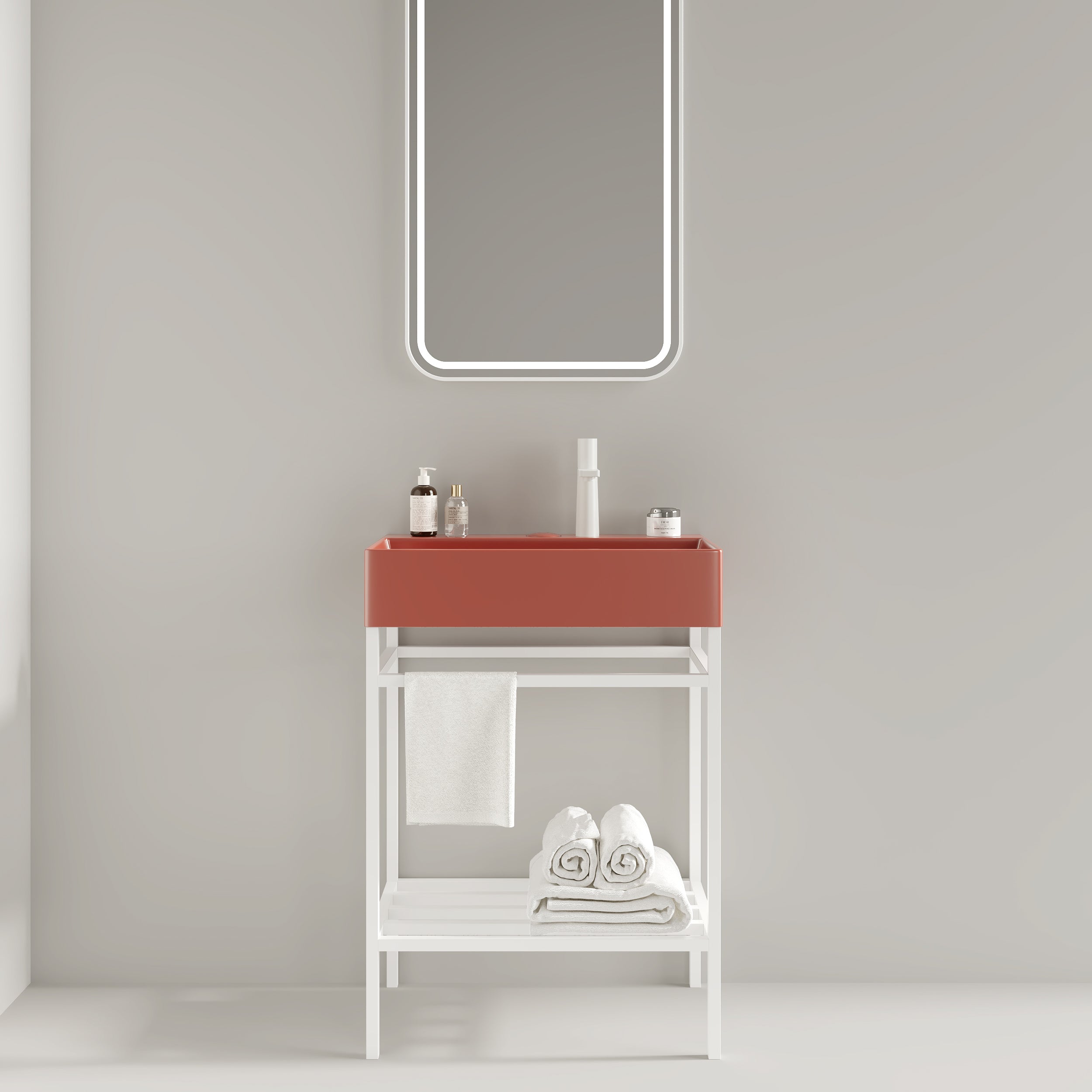 LOFI 24' Bathroom Vanity with Ceramic Basin, Freestanding Bathroom Console Sink Set, Glossy Red Rectangular Ceramic Basin without Faucet, Open Metal Leg, Storage Shelves, White Color