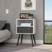 Nightstand 25'H, Superior Top, Four Legs, One Open Shelf, One Drawer, Smokey Oak / White