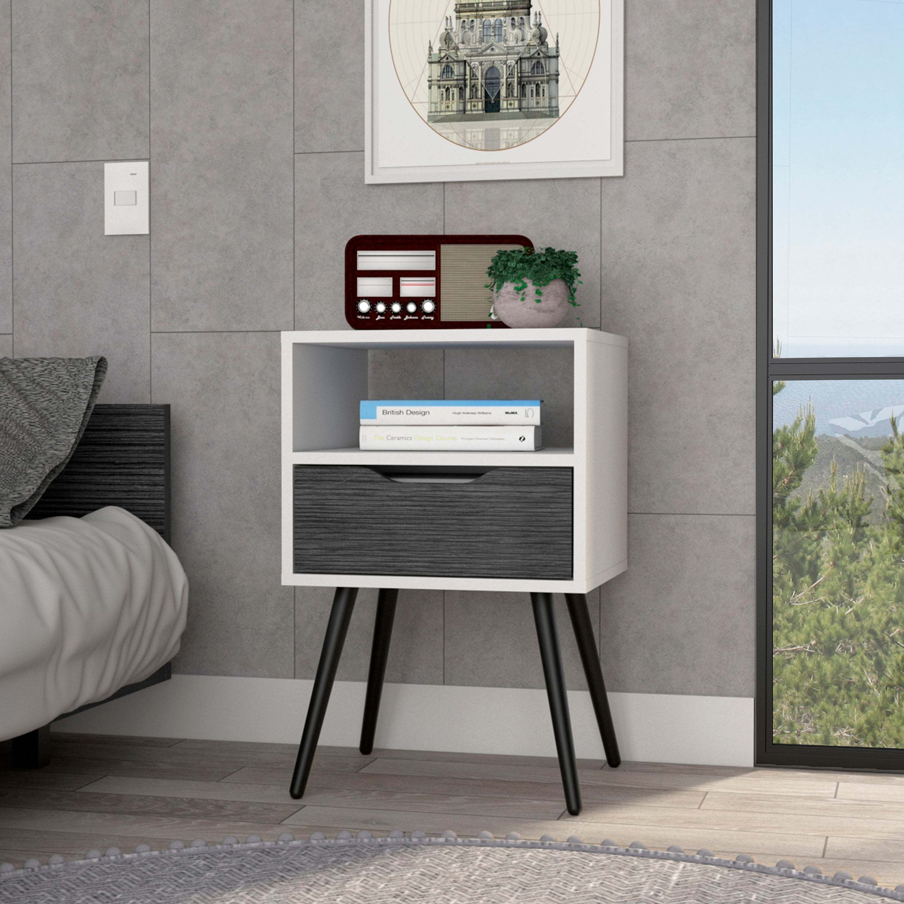 Nightstand 25'H, Superior Top, Four Legs, One Open Shelf, One Drawer, Smokey Oak / White