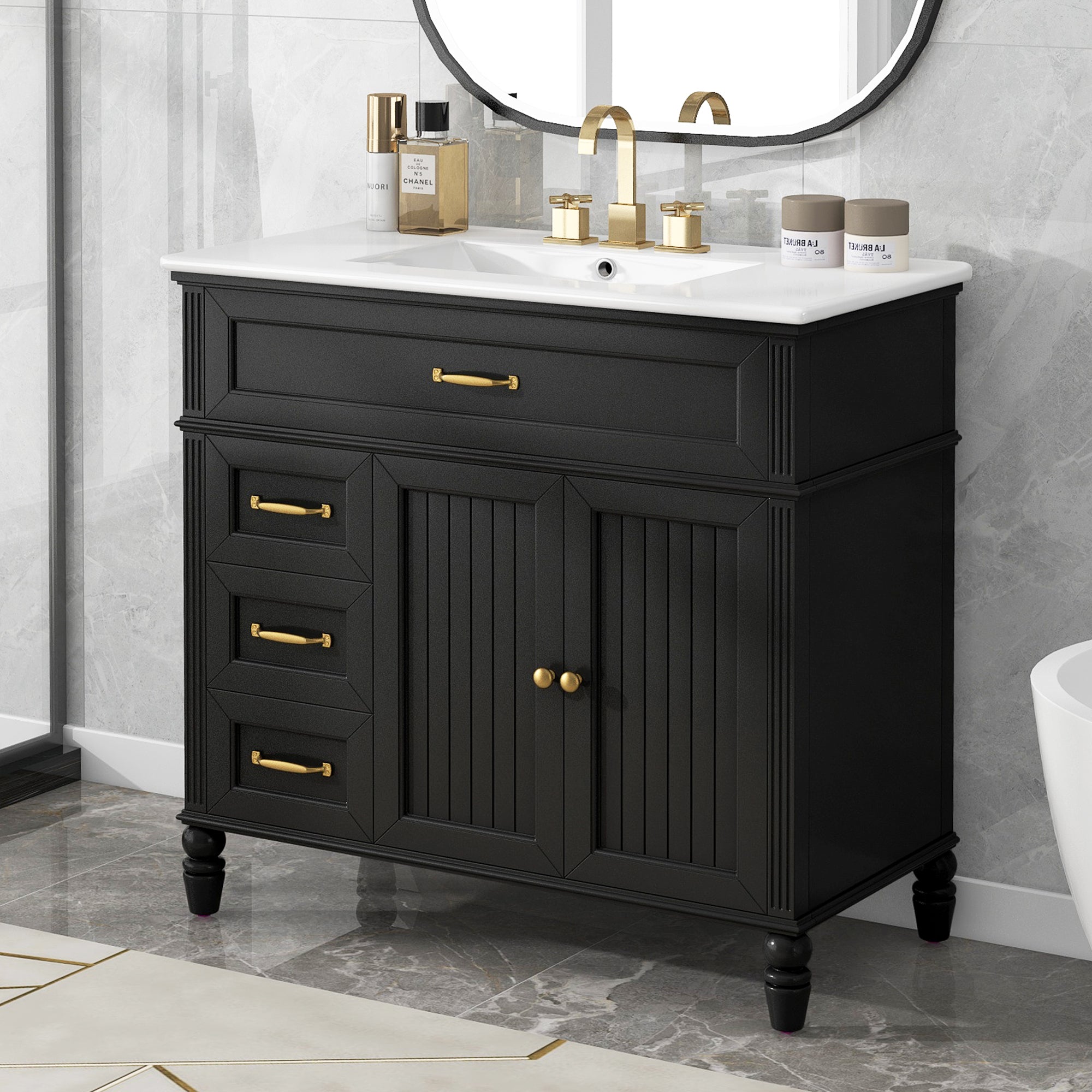 36' Bathroom Vanity with Sink, Black Bathroom Cabinet with Drawers, Solid Frame and MDF Board, One Package